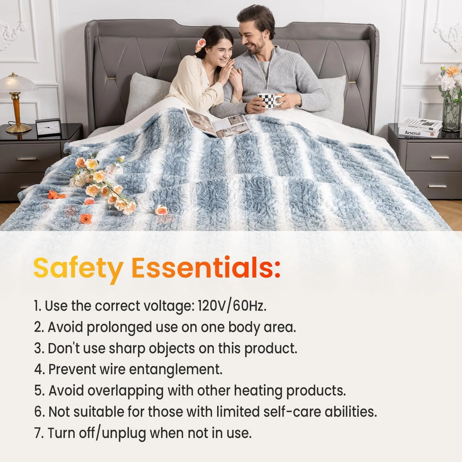 WOOMER [5 Year Warranty Electric Heated Blanket 90" x 100“,King Size,Dual Control,Faux Fur&Sherpa,Fast Heating,10 Heating Levels & 0.5-12H Auto Off,Flower Pattern,Over-Heat Protection,Gift Box