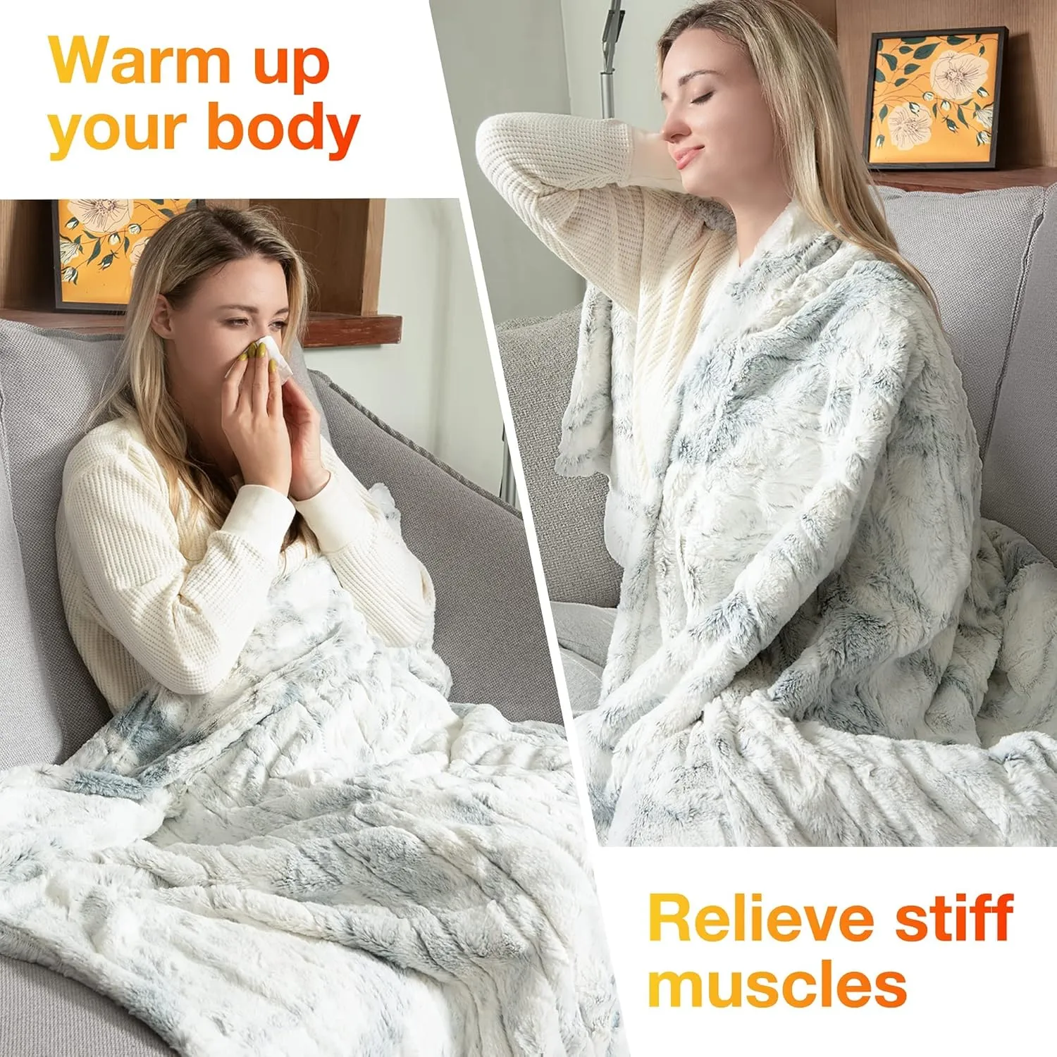 WOOMER [5 Year Warranty] Electric Heated Throw Blanket(50"x 60"), Soft Faux Fur Fast Heating Blanket with Multi-Color Option, 4 Heating Levels & 4H Auto Off, Machine Washable, Over-Heat Protection