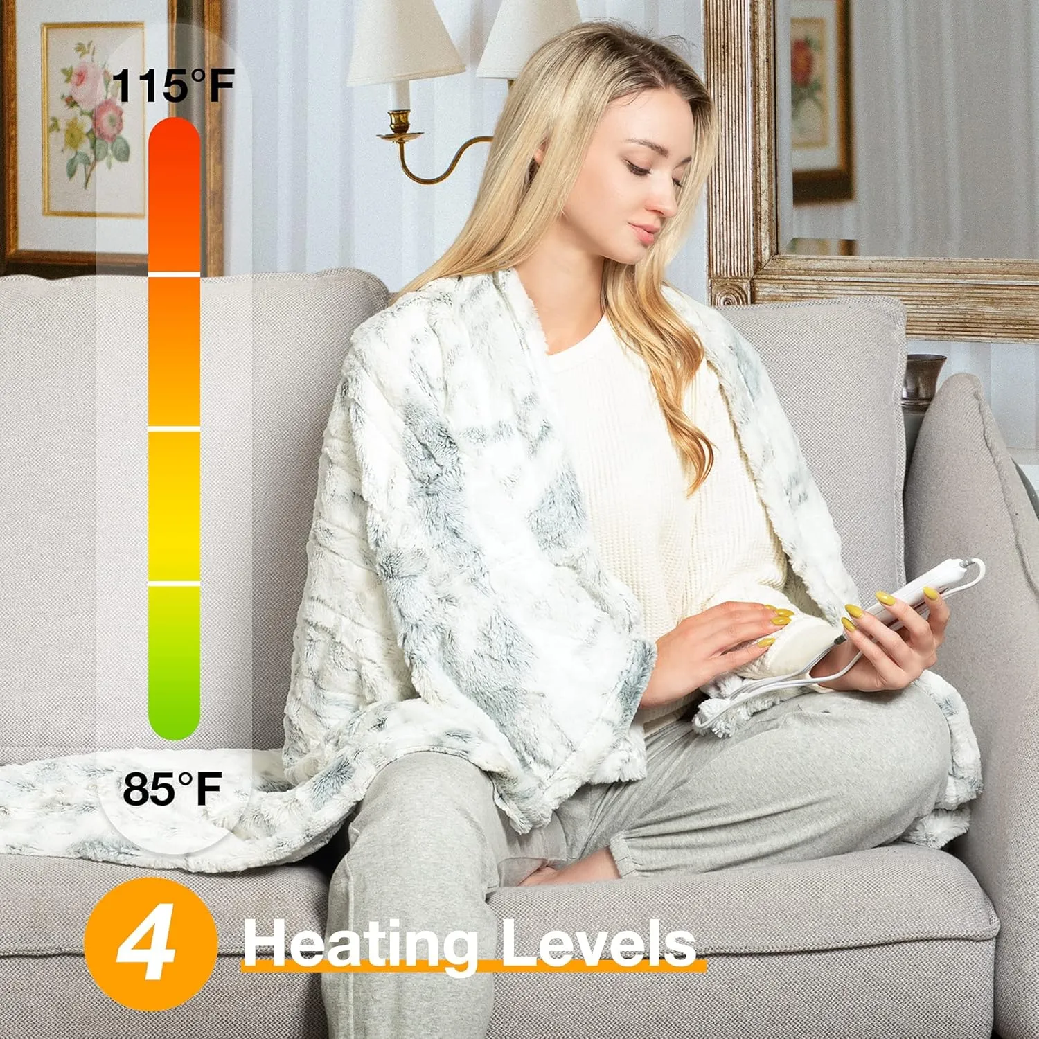 WOOMER [5 Year Warranty] Electric Heated Throw Blanket(50"x 60"), Soft Faux Fur Fast Heating Blanket with Multi-Color Option, 4 Heating Levels & 4H Auto Off, Machine Washable, Over-Heat Protection