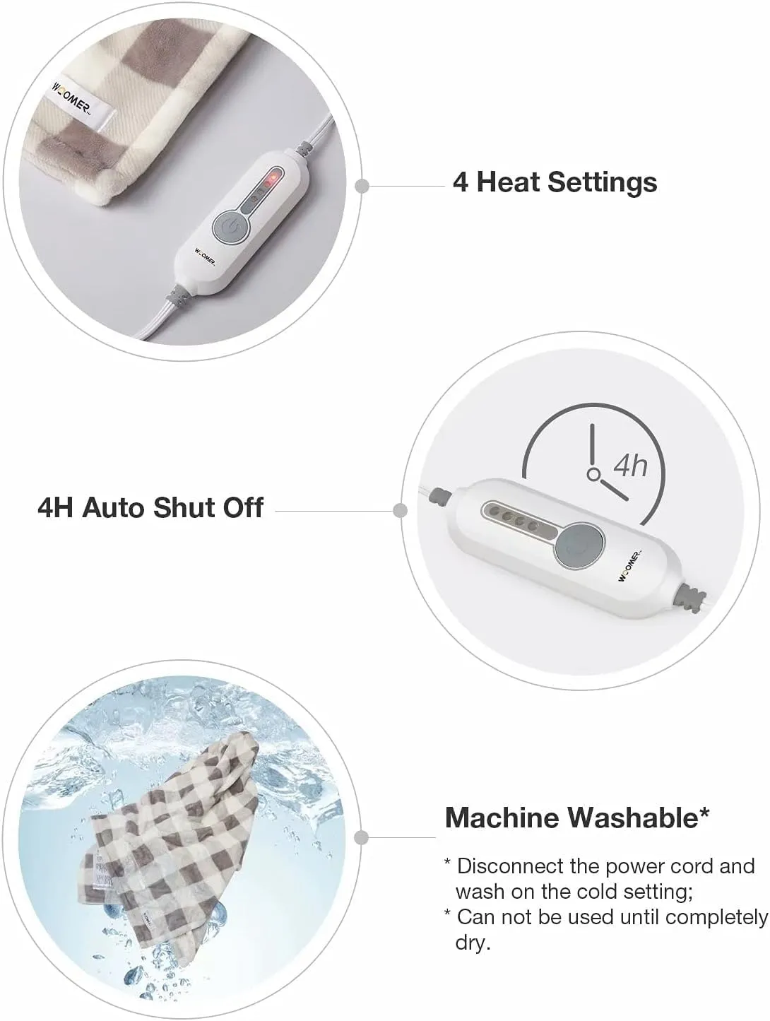 WOOMER [5 Year Warranty Electric Heated Throw Blanket(50"x 60"), Soft Flannel Fast Heating Blanket with Multi-Color Option, 4 Heating Levels & 4H Auto Off, Machine Washable, Over-Heat Protection
