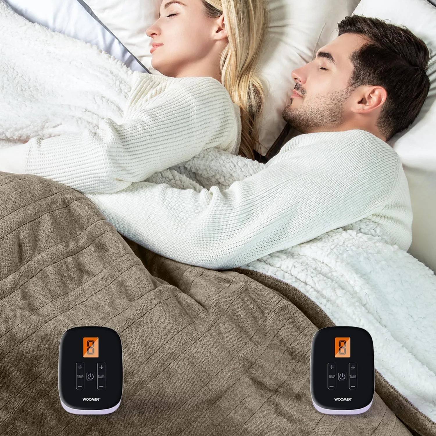 WOOMER [5-Year Warranty Heated Blanket King Size,Durable Flannel and Soft Sherpa,Dual Control,84” × 90” Electric Blanket, 10 Heat Levels&0.5-12h auto-Off, Overheat Protection,Energy Efficient
