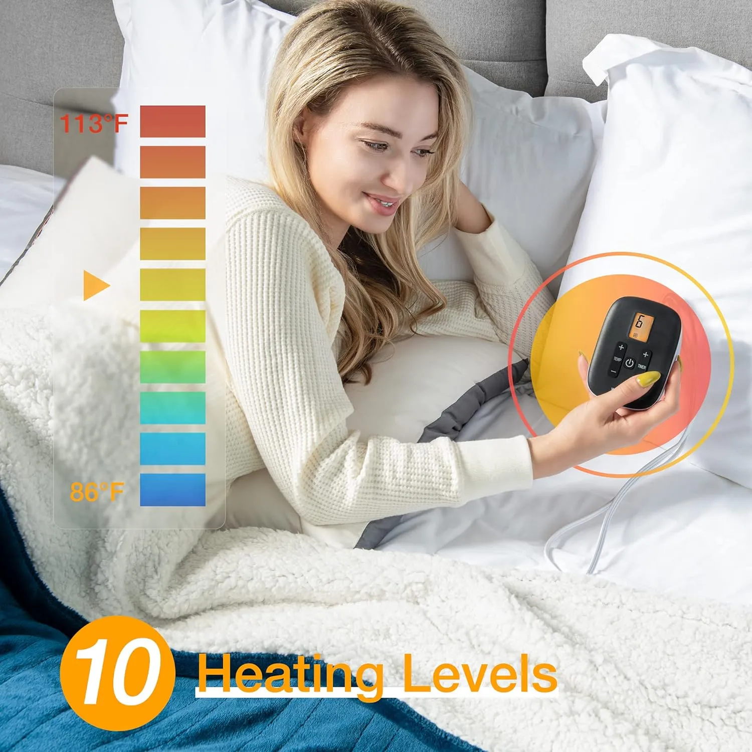 WOOMER [5-Year Warranty] Heated Blanket King Size,Durable Flannel and Soft Sherpa,Dual Control,84” × 90” Electric Blanket, 10 Heat Levels&0.5-12h auto-Off, Overheat Protection,Energy Efficient