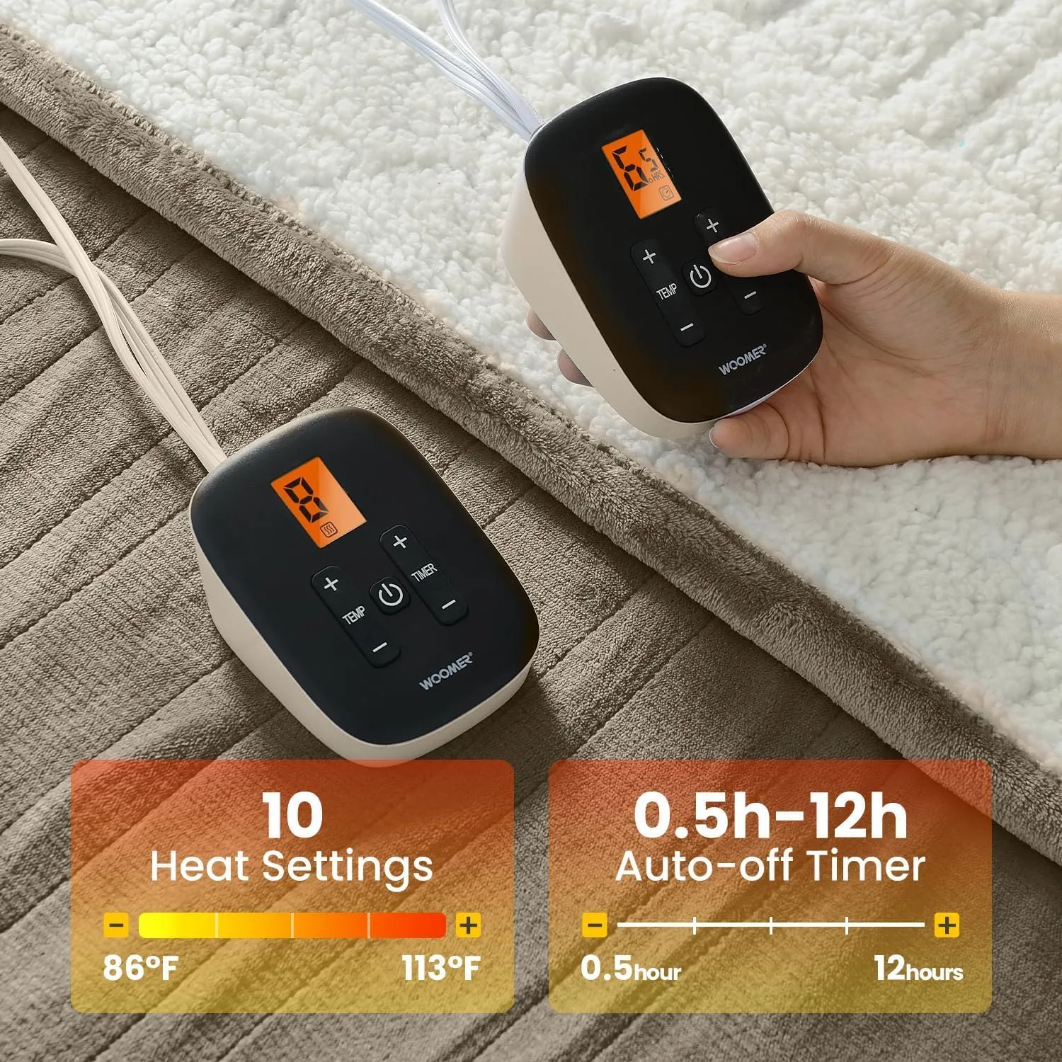 WOOMER [5-Year Warranty Heated Blanket King Size,Durable Flannel and Soft Sherpa,Dual Control,84” × 90” Electric Blanket, 10 Heat Levels&0.5-12h auto-Off, Overheat Protection,Energy Efficient