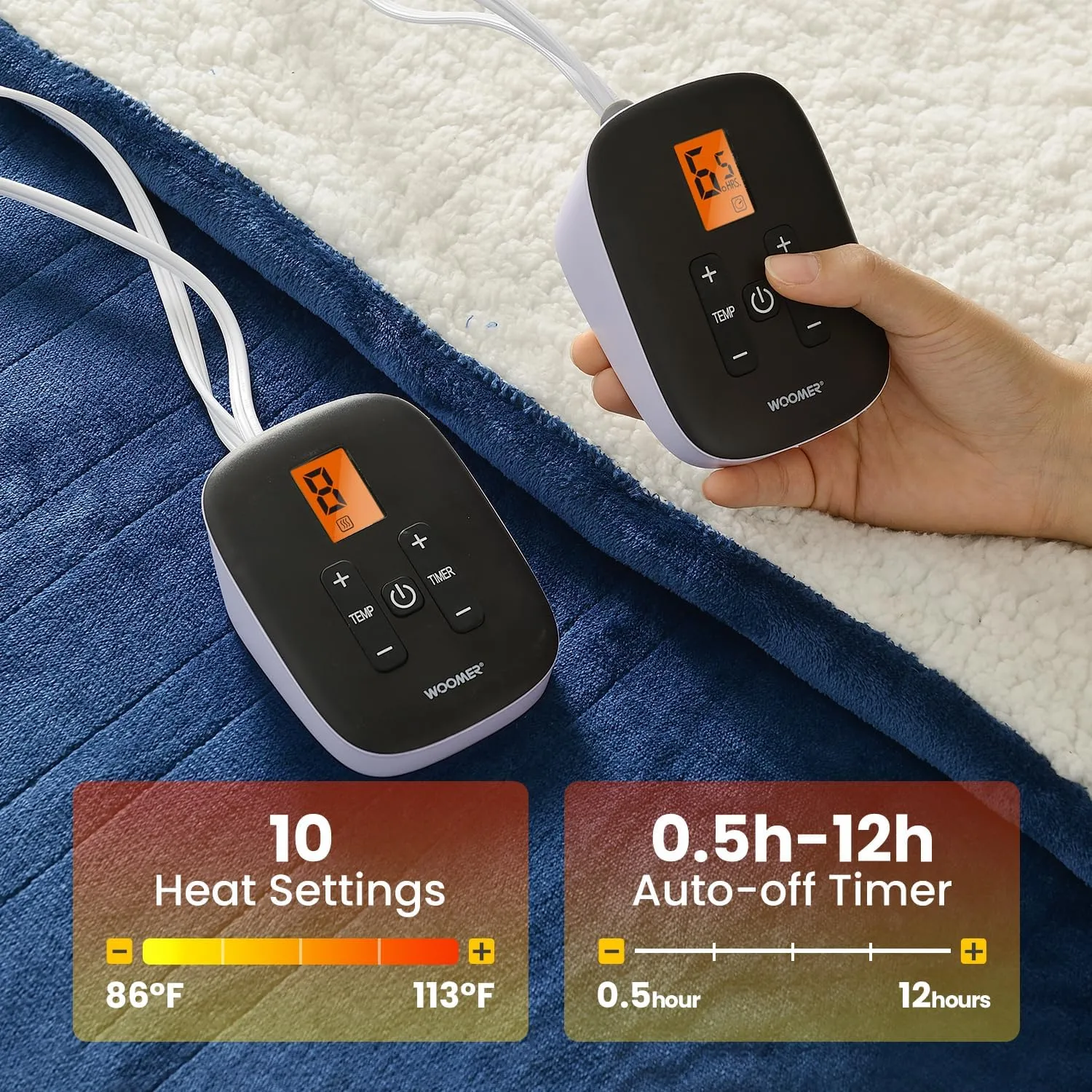 WOOMER [5-Year Warranty] Heated Blanket King Size,Durable Flannel and Soft Sherpa,Dual Control,84” × 90” Electric Blanket, 10 Heat Levels&0.5-12h auto-Off, Overheat Protection,Energy Efficient