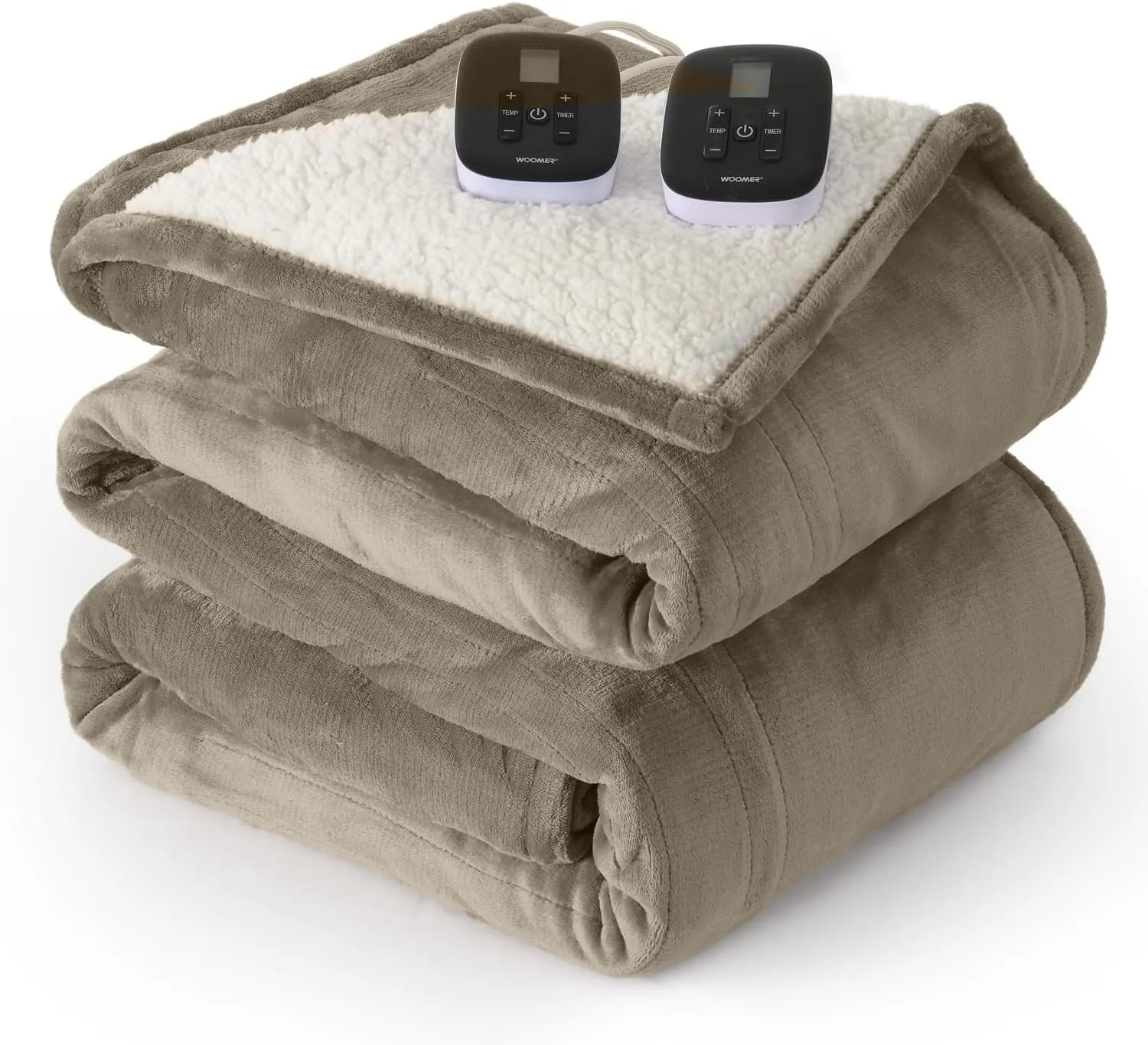 WOOMER [5-Year Warranty Heated Blanket King Size,Durable Flannel and Soft Sherpa,Dual Control,84” × 90” Electric Blanket, 10 Heat Levels&0.5-12h auto-Off, Overheat Protection,Energy Efficient
