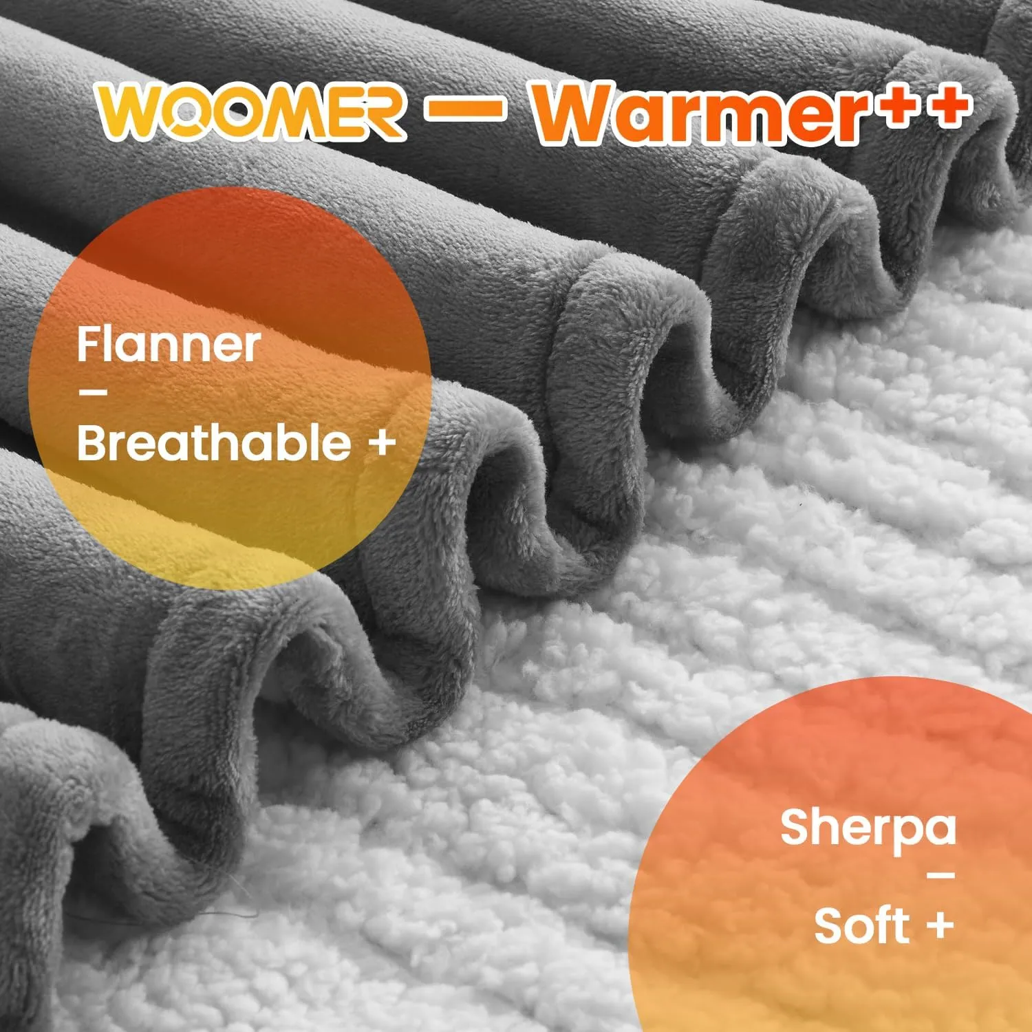 WOOMER [5-Year Warranty] Heated Blanket Queen Size,Durable Flannel and Soft Sherpa,Dual Control,84” × 90” Electric Blanket, 10 Heat Levels&0.5-12h auto-Off, Overheat Protection,Energy Efficient