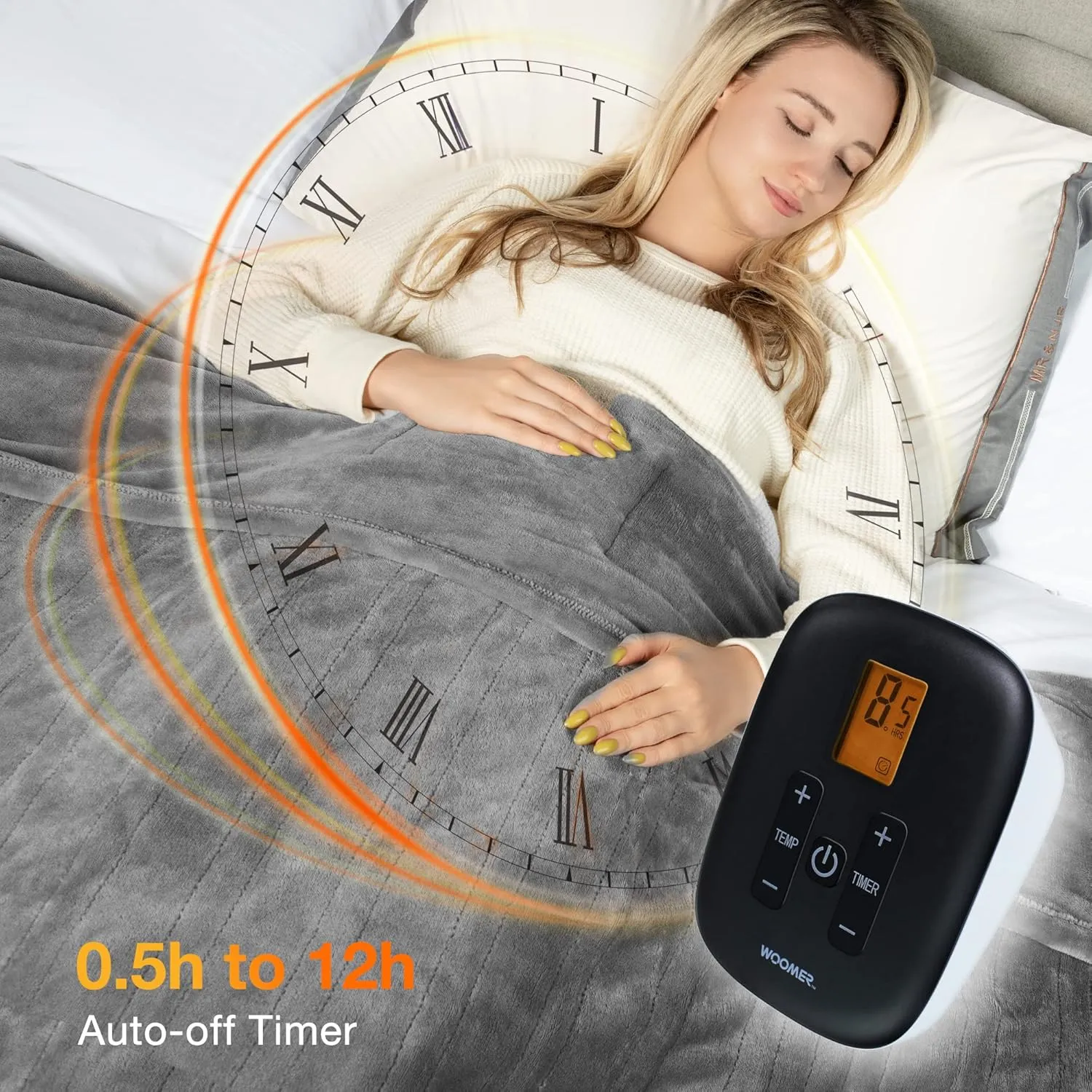 WOOMER [5-Year Warranty] Heated Blanket Queen Size,Durable Flannel and Soft Sherpa,Dual Control,84” × 90” Electric Blanket, 10 Heat Levels&0.5-12h auto-Off, Overheat Protection,Energy Efficient