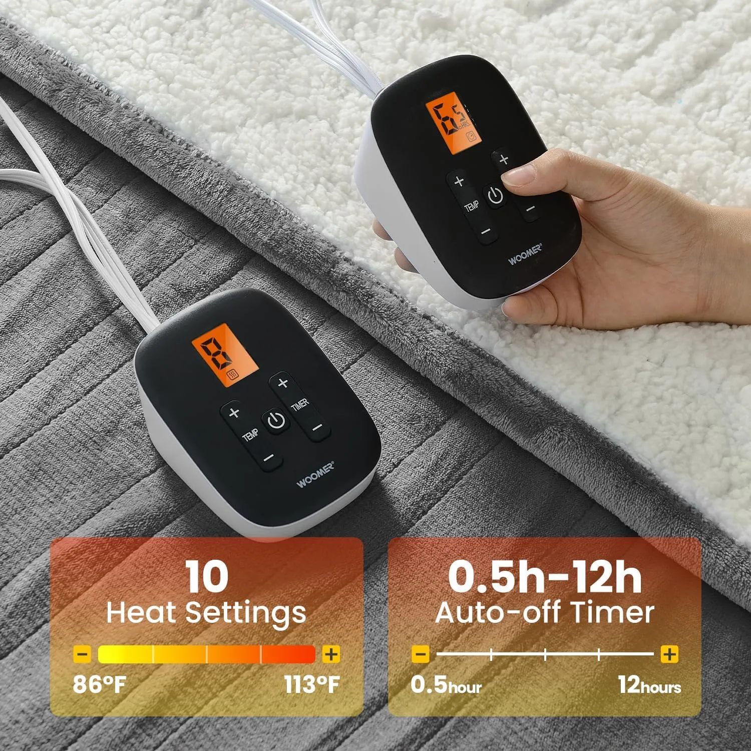 WOOMER [5-Year Warranty] Heated Blanket Queen Size,Durable Flannel and Soft Sherpa,Dual Control,84” × 90” Electric Blanket, 10 Heat Levels&0.5-12h auto-Off, Overheat Protection,Energy Efficient