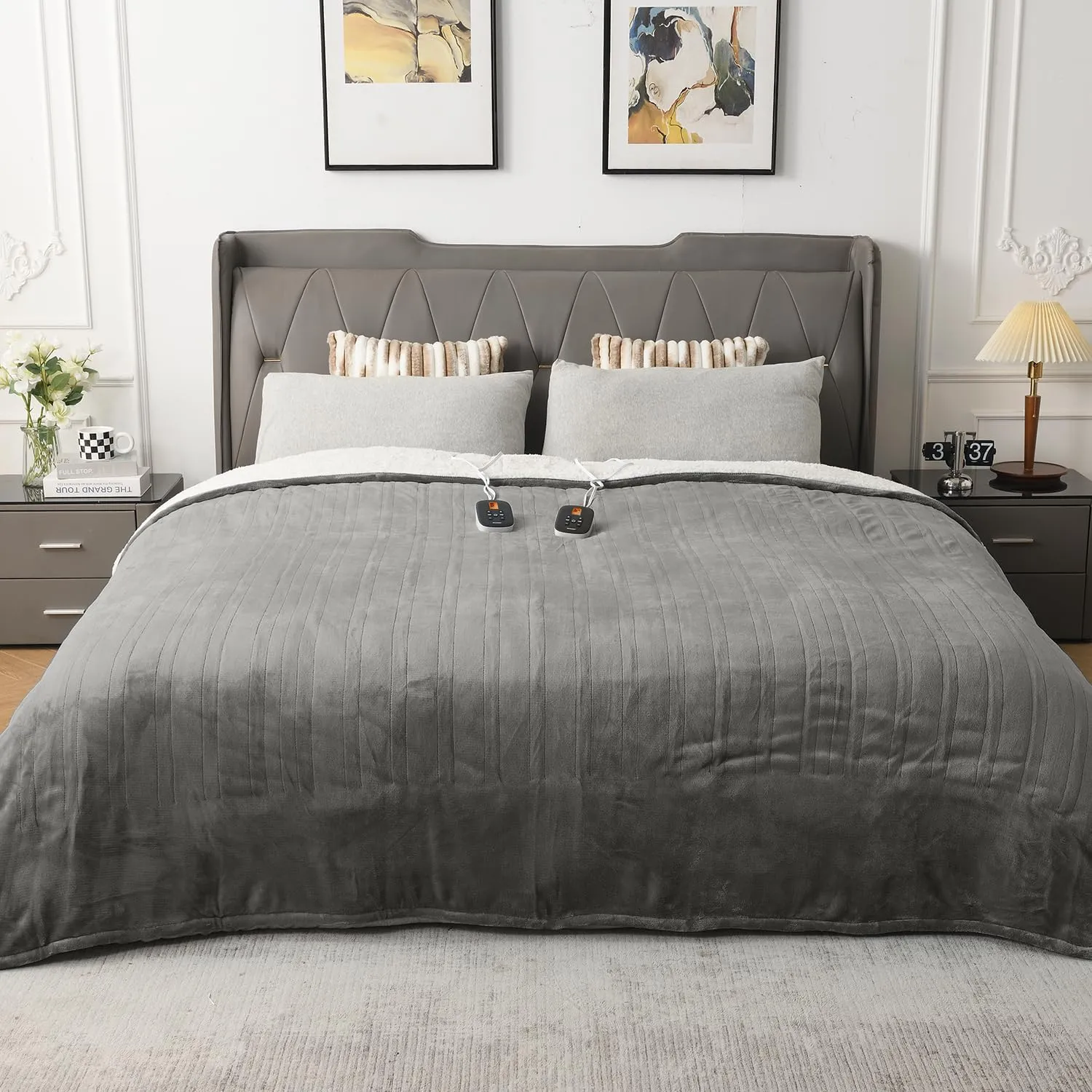 WOOMER [5-Year Warranty] Heated Blanket Queen Size,Durable Flannel and Soft Sherpa,Dual Control,84” × 90” Electric Blanket, 10 Heat Levels&0.5-12h auto-Off, Overheat Protection,Energy Efficient