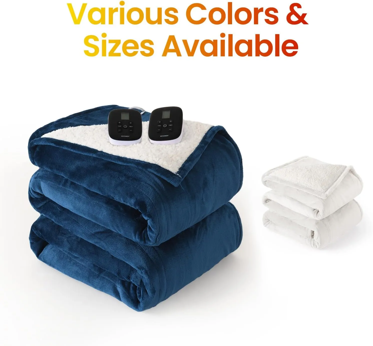 WOOMER Electric Blanket Heated Heating Blanket Queen Size 90"x 84" Warm Blanket Soft Flannel & Sherpa ETL Certified, 10 Heating Levels 0.5-12H Auto Off Machine Washable Navy Blue