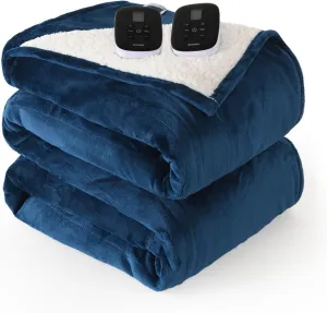 WOOMER Electric Blanket Heated Heating Blanket Queen Size 90"x 84" Warm Blanket Soft Flannel & Sherpa ETL Certified, 10 Heating Levels 0.5-12H Auto Off Machine Washable Navy Blue