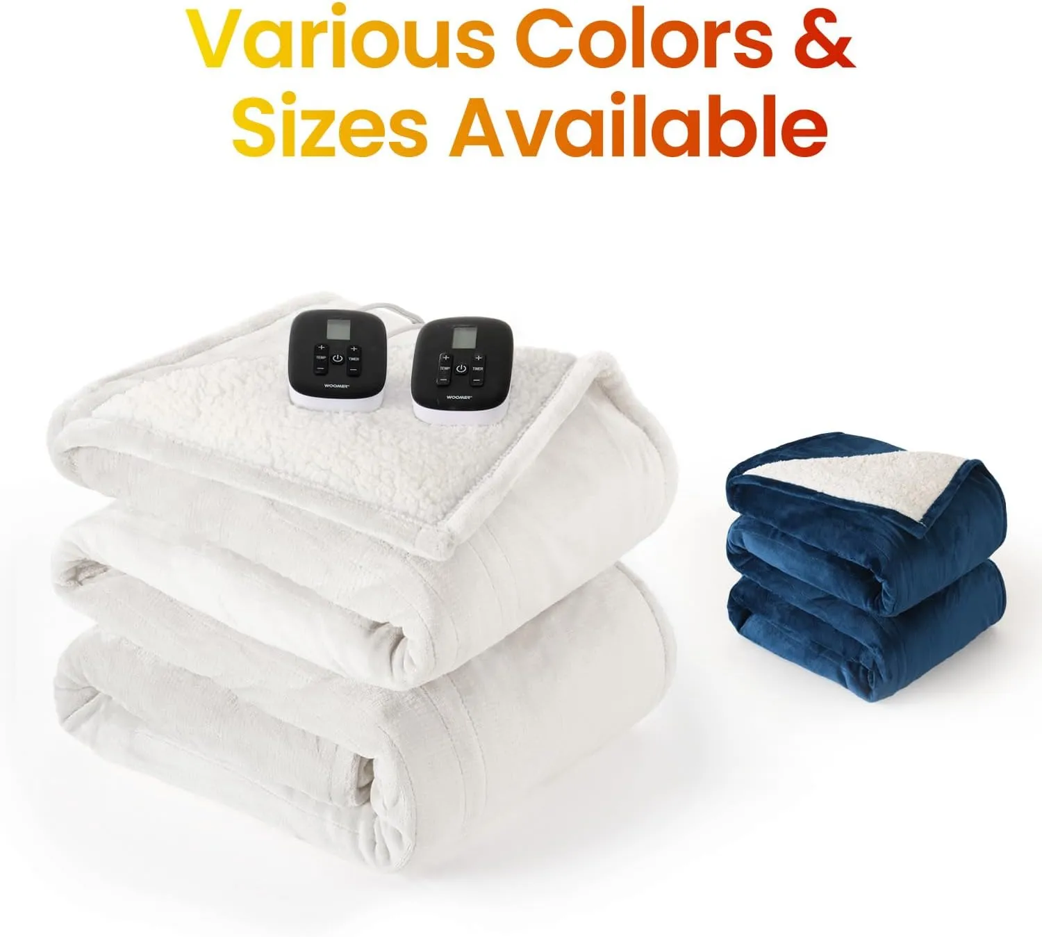 WOOMER Electric Blanket Heated Heating Blanket Queen Size 90"x 84" Warm Blanket Soft Flannel & Sherpa Winter Warmer, ETL, 10 Heating Levels 0.5-12H Auto Off Machine Washable White