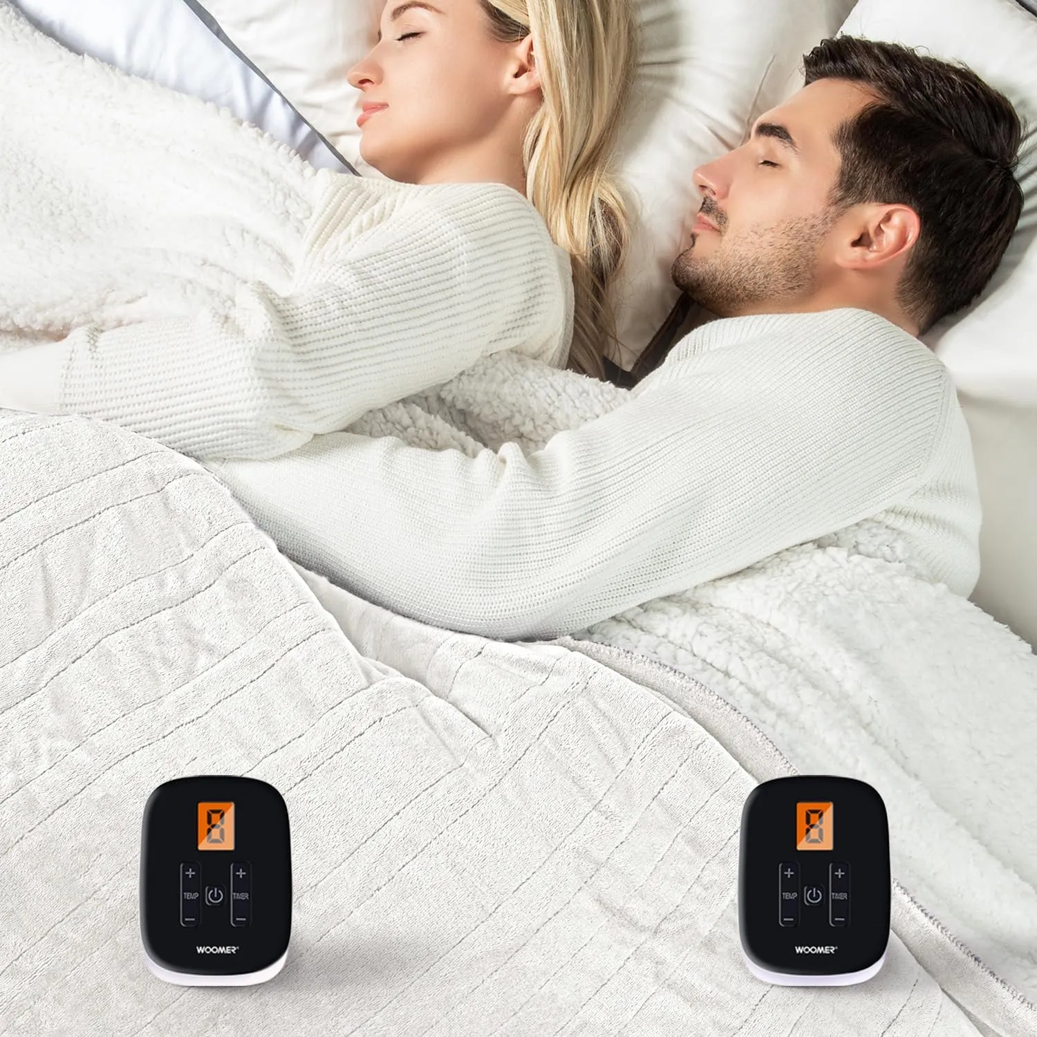 WOOMER Electric Blanket Heated Heating Blanket Queen Size 90"x 84" Warm Blanket Soft Flannel & Sherpa Winter Warmer, ETL, 10 Heating Levels 0.5-12H Auto Off Machine Washable White