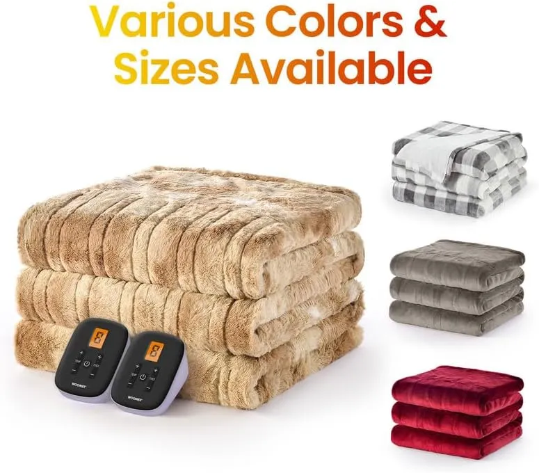 WOOMER Electric Heated Blanket - Queen Size 90"x 84" Double Sided Luxurious Soft Faux Fur, ETL Certified, 10 Heating Levels 0.5-12H Auto Off Machine Washable Beige