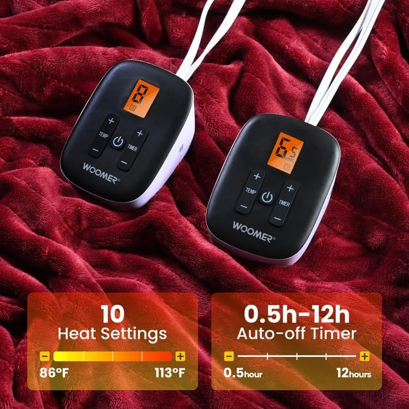 WOOMER Electric Heated Blanket - Queen Size 90"x 84", Double Sided Luxurious Soft Faux Fur, ETL Certified, 10 Heating Levels, Auto Off, Machine Washable Red