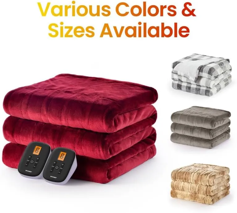 WOOMER Electric Heated Blanket - Queen Size 90"x 84", Double Sided Luxurious Soft Faux Fur, ETL Certified, 10 Heating Levels, Auto Off, Machine Washable Red