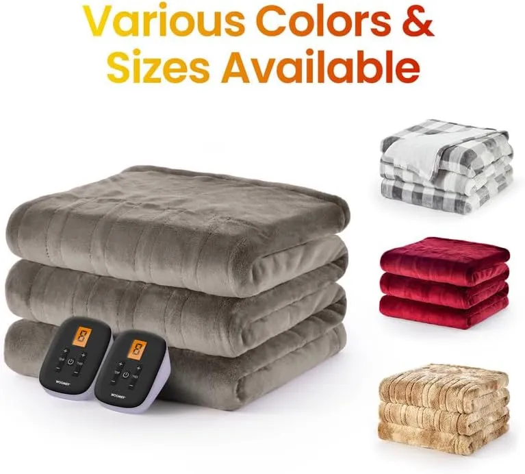 WOOMER Electric Heated Blanket - Queen Size 90"x 84" Luxurious Soft Faux Fur, ETL Certified, 10 Heating Levels 0.5-12H Auto Off, Machine Washable Taupe