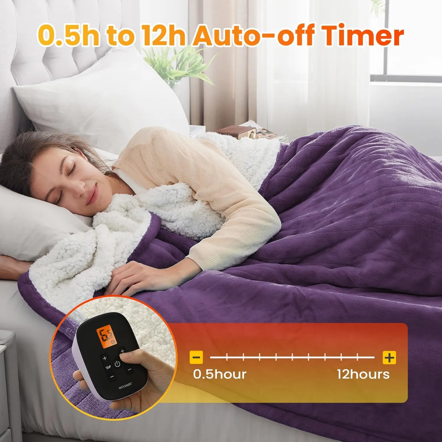 WOOMER Electric Heated Blanket Twin Size, Soft Flannel Fast Heating Blanket, Purple Color, 62"x 84", 10 Heating Levels & 0.5-12H Auto Off, Over-Heat Protection