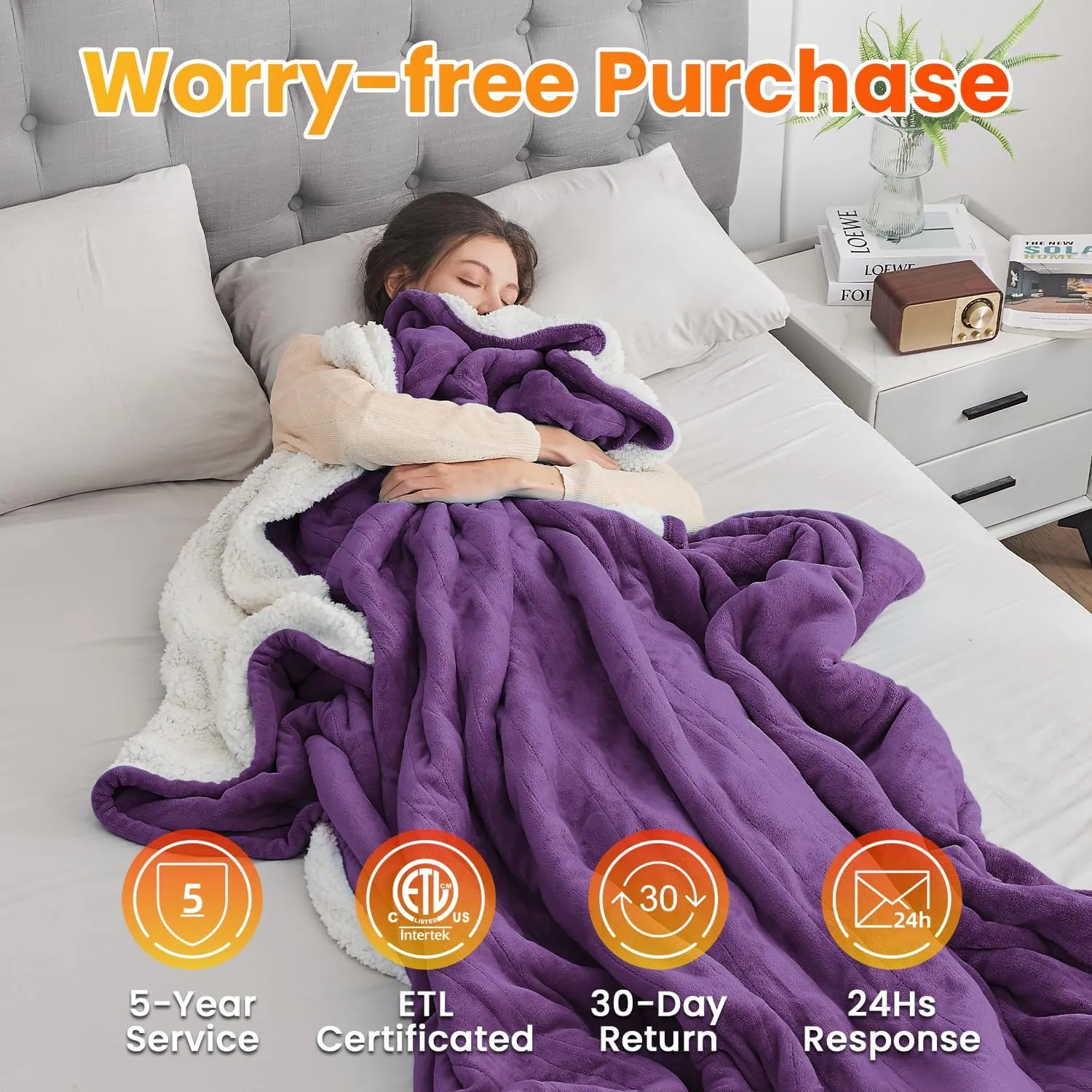 WOOMER Electric Heated Blanket Twin Size, Soft Flannel Fast Heating Blanket, Purple Color, 62"x 84", 10 Heating Levels & 0.5-12H Auto Off, Over-Heat Protection