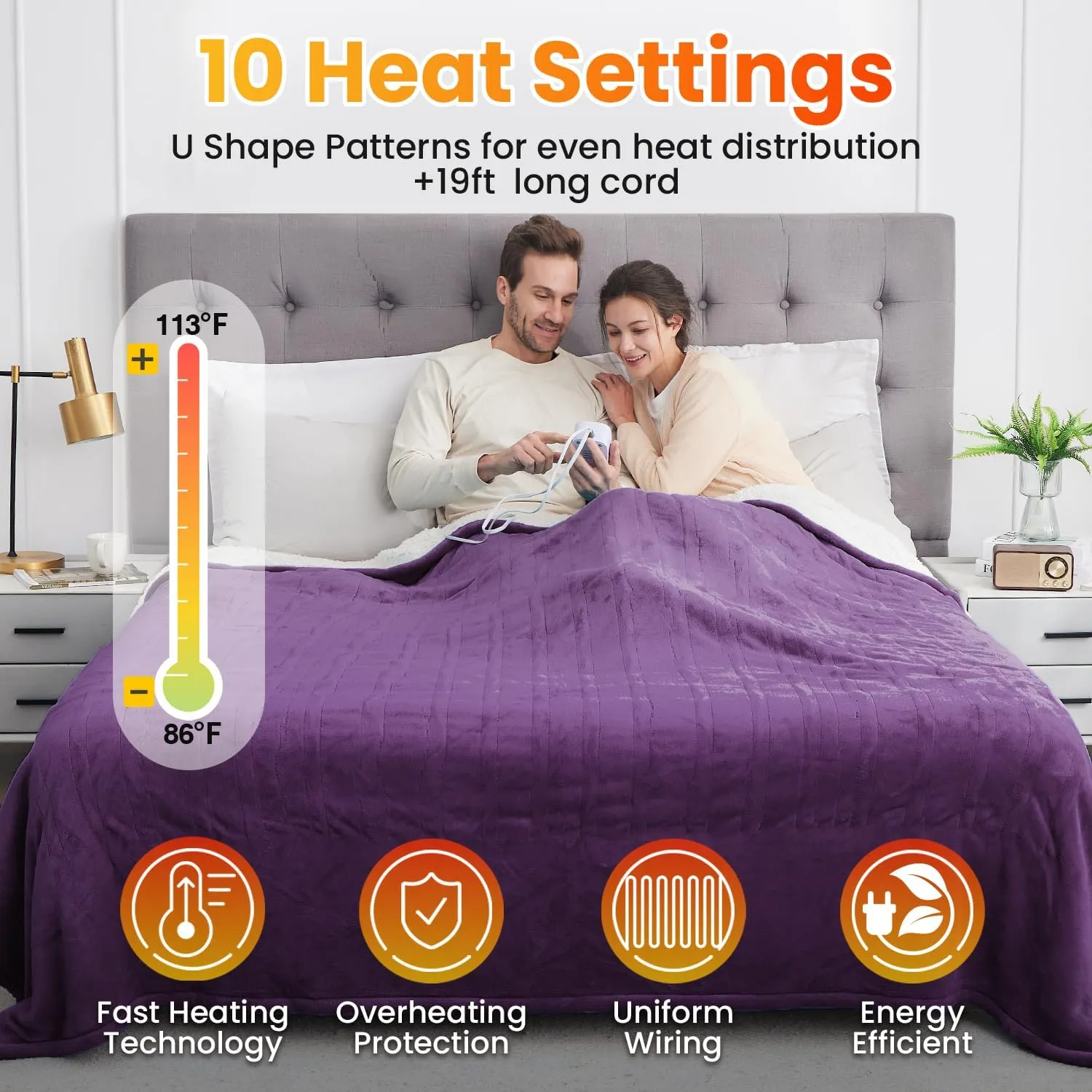 WOOMER Electric Heated Blanket Twin Size, Soft Flannel Fast Heating Blanket, Purple Color, 62"x 84", 10 Heating Levels & 0.5-12H Auto Off, Over-Heat Protection