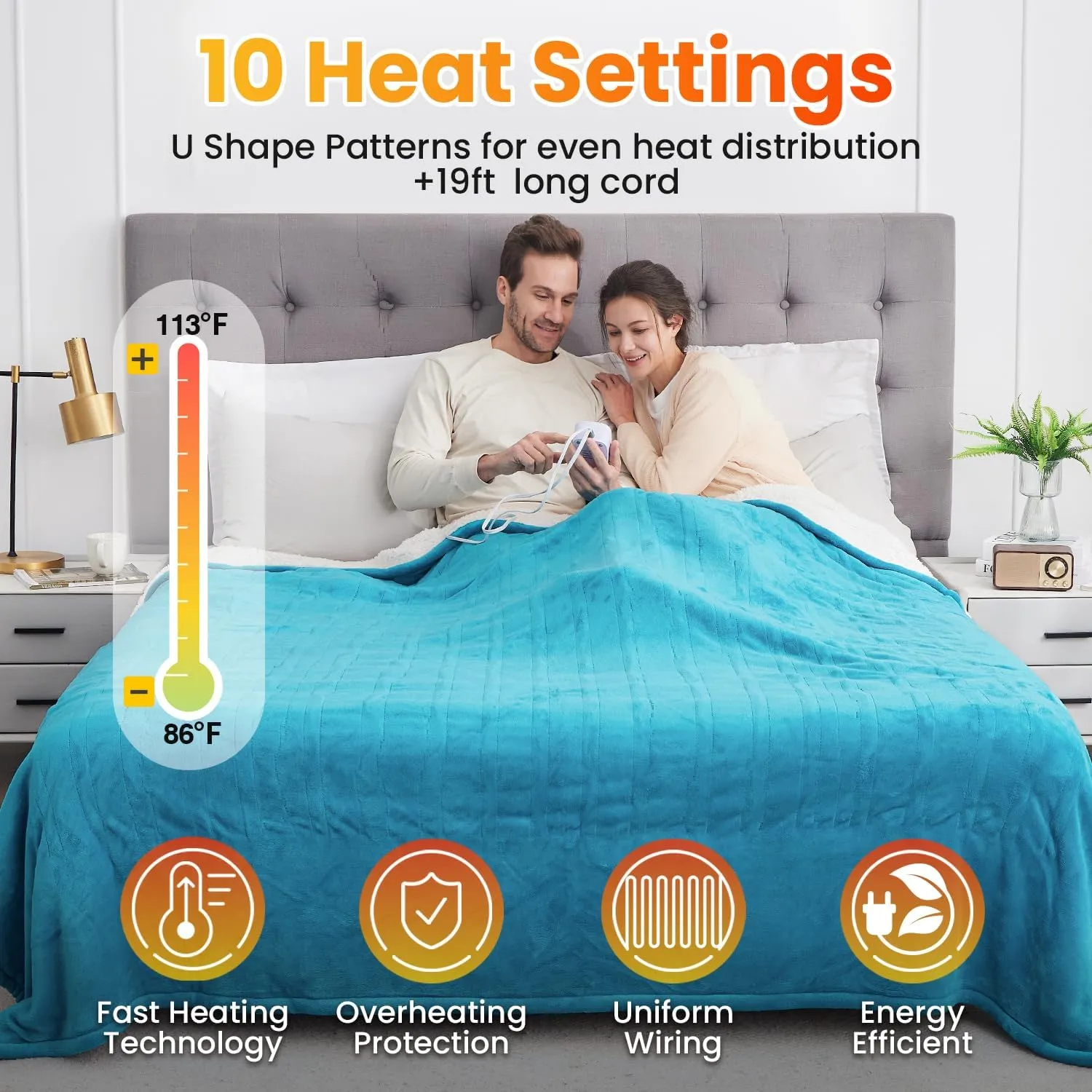 WOOMER Electric Heated Blanket Twin Size, Soft Flannel Fast Heating Blanket, Teal Color, 62"x 84", 10 Heating Levels & 0.5-12H Auto Off, Over-Heat Protection