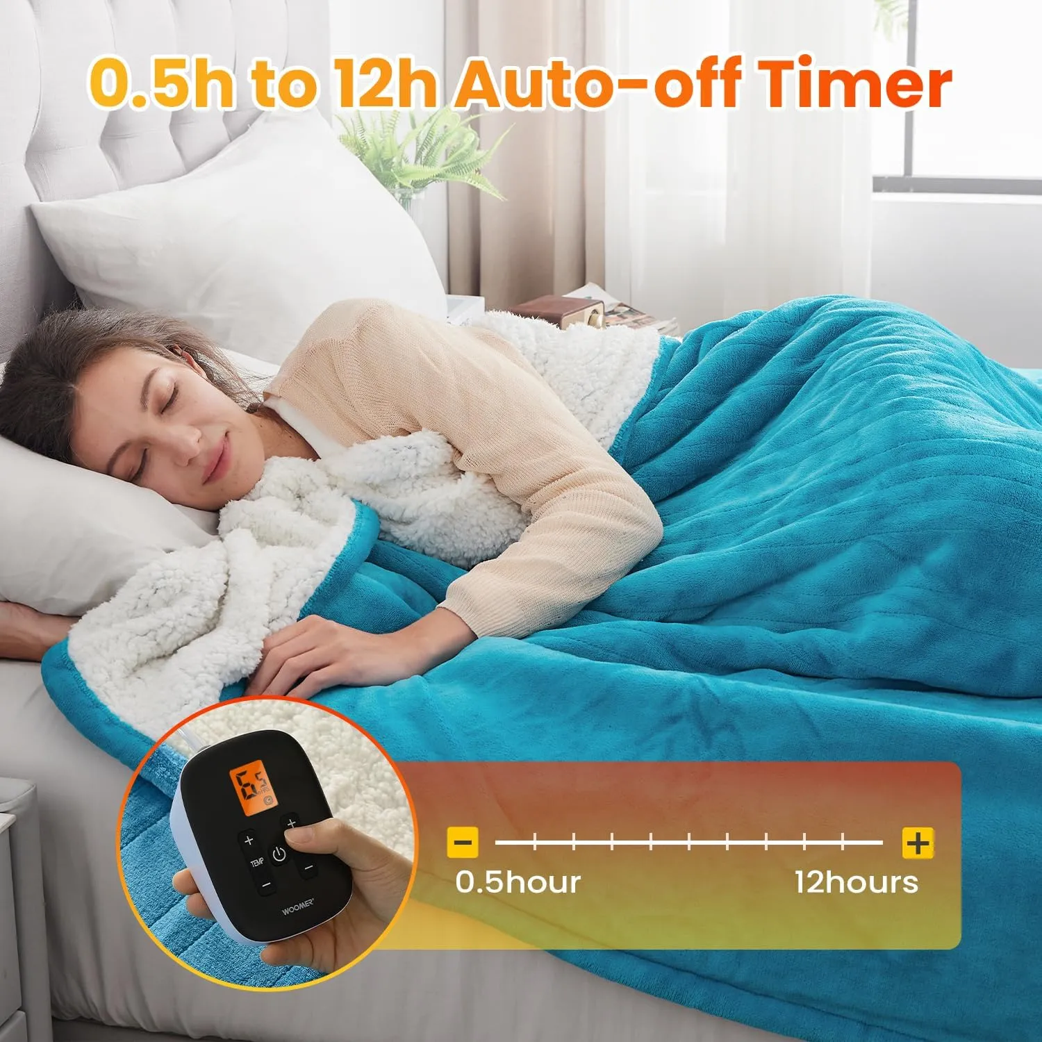 WOOMER Electric Heated Blanket Twin Size, Soft Flannel Fast Heating Blanket, Teal Color, 62"x 84", 10 Heating Levels & 0.5-12H Auto Off, Over-Heat Protection