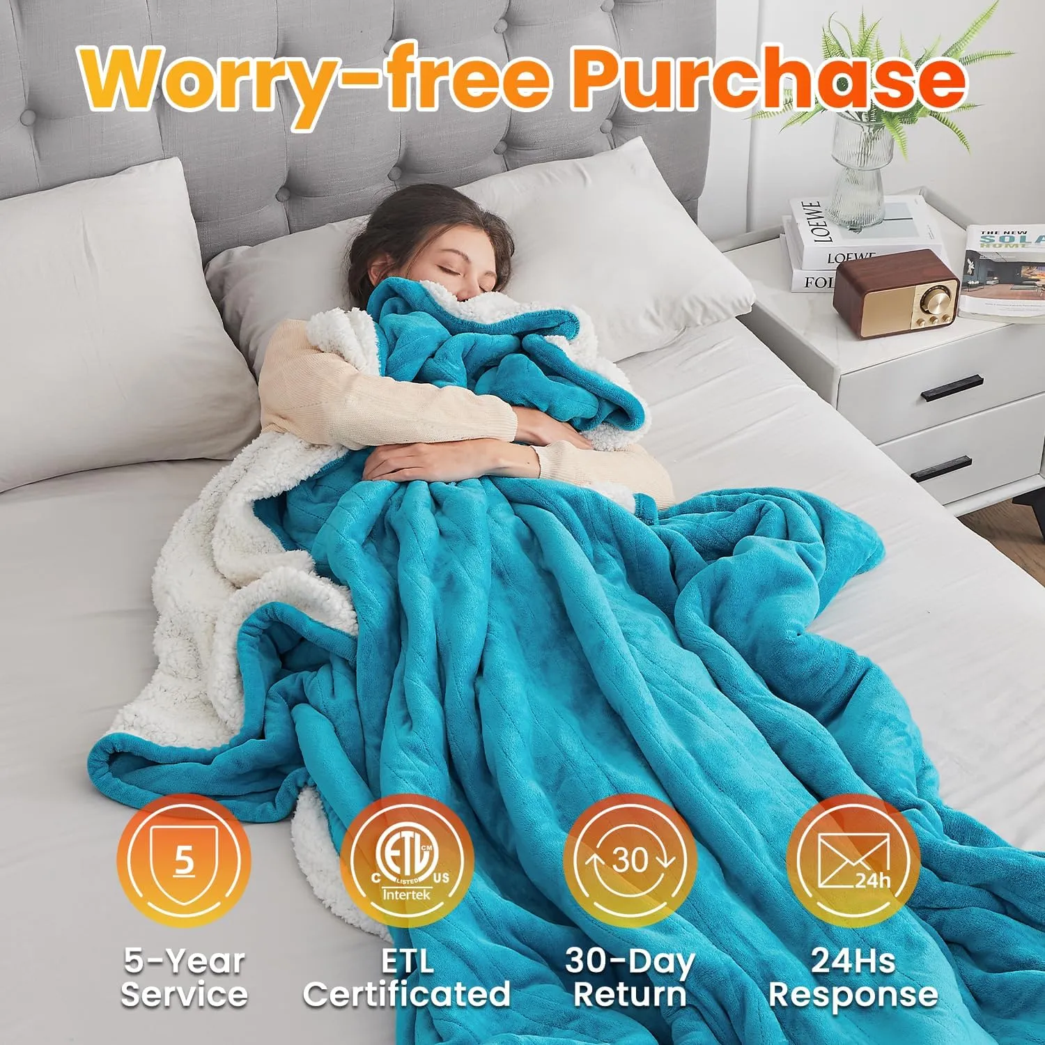 WOOMER Electric Heated Blanket Twin Size, Soft Flannel Fast Heating Blanket, Teal Color, 62"x 84", 10 Heating Levels & 0.5-12H Auto Off, Over-Heat Protection