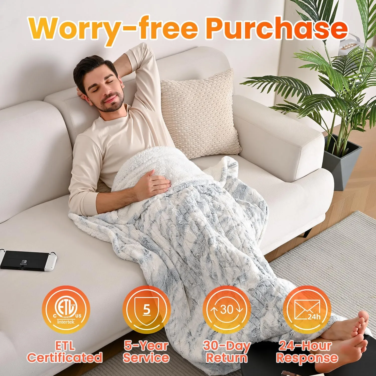 WOOMER Electric Heated Throw Blanket 50"x 60", Reversible Super Cozy Faux Fur&Sherpa, Fast Heating,4 Heating Levels & 4H Auto Off, Machine Washable, Overheat Protection,Gift