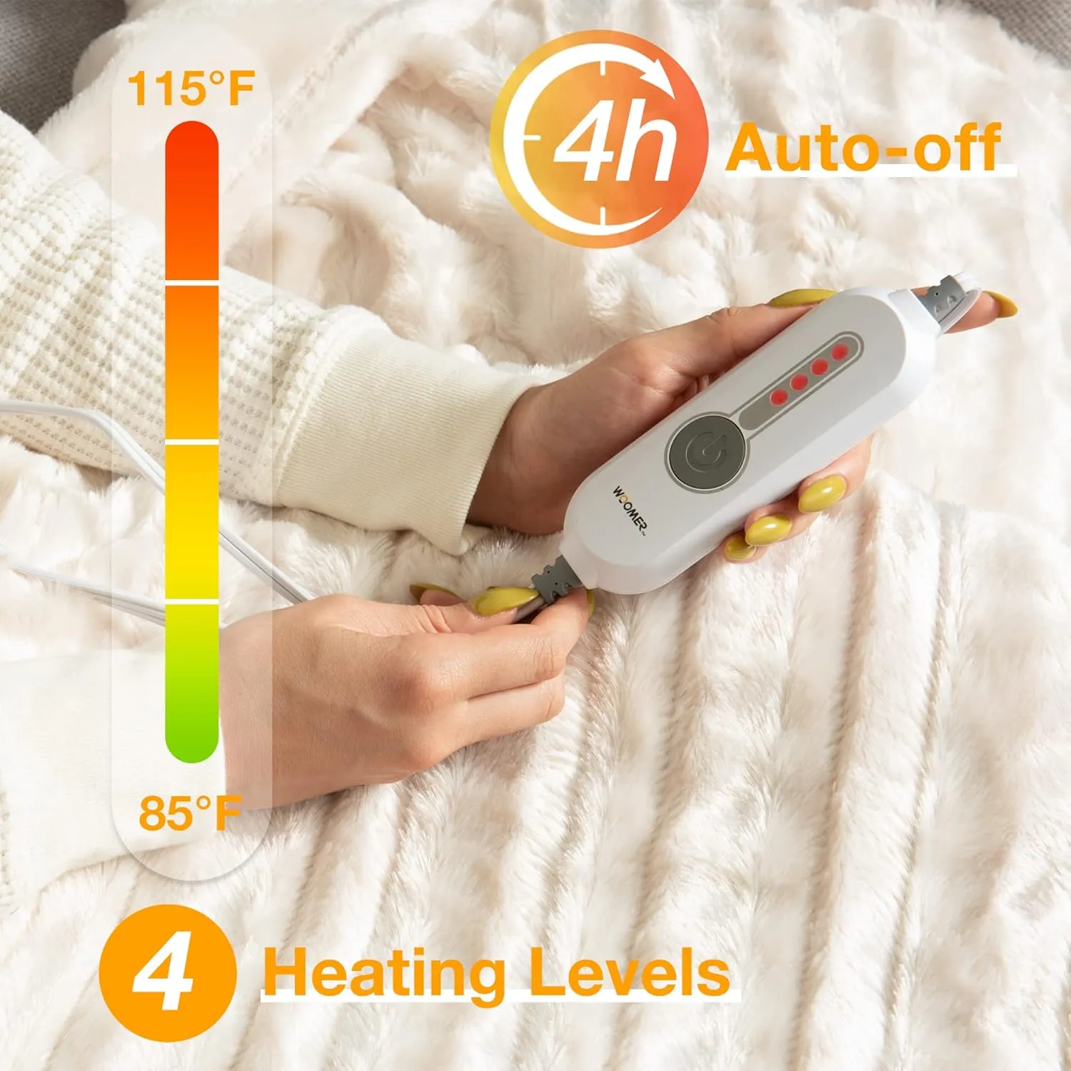 WOOMER Electric Heated Throw Blanket, Soft Faux Fur Fast Heating Blanket, 4 Heating Levels & 4 Hours Auto Off (50"x 60"), Machine Washable, Over-Heat Protection, ETL Certification