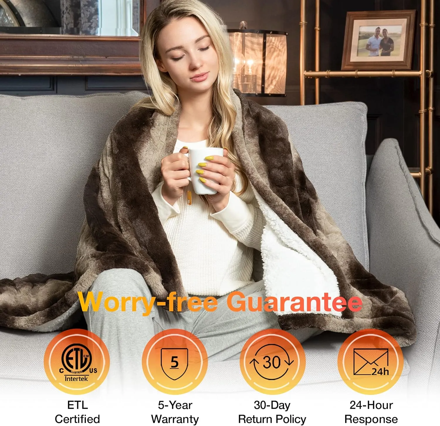 WOOMER Electric Heated Throw Blanket, Soft Faux Fur& Sherpa Fast Heating Blanket, 4 Heating Levels & 4 Hours Auto Off (50"x 60"), Machine Washable, Over-Heat Protection