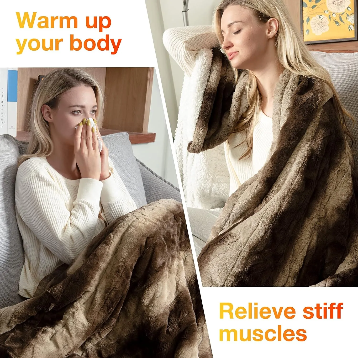 WOOMER Electric Heated Throw Blanket, Soft Faux Fur& Sherpa Fast Heating Blanket, 4 Heating Levels & 4 Hours Auto Off (50"x 60"), Machine Washable, Over-Heat Protection