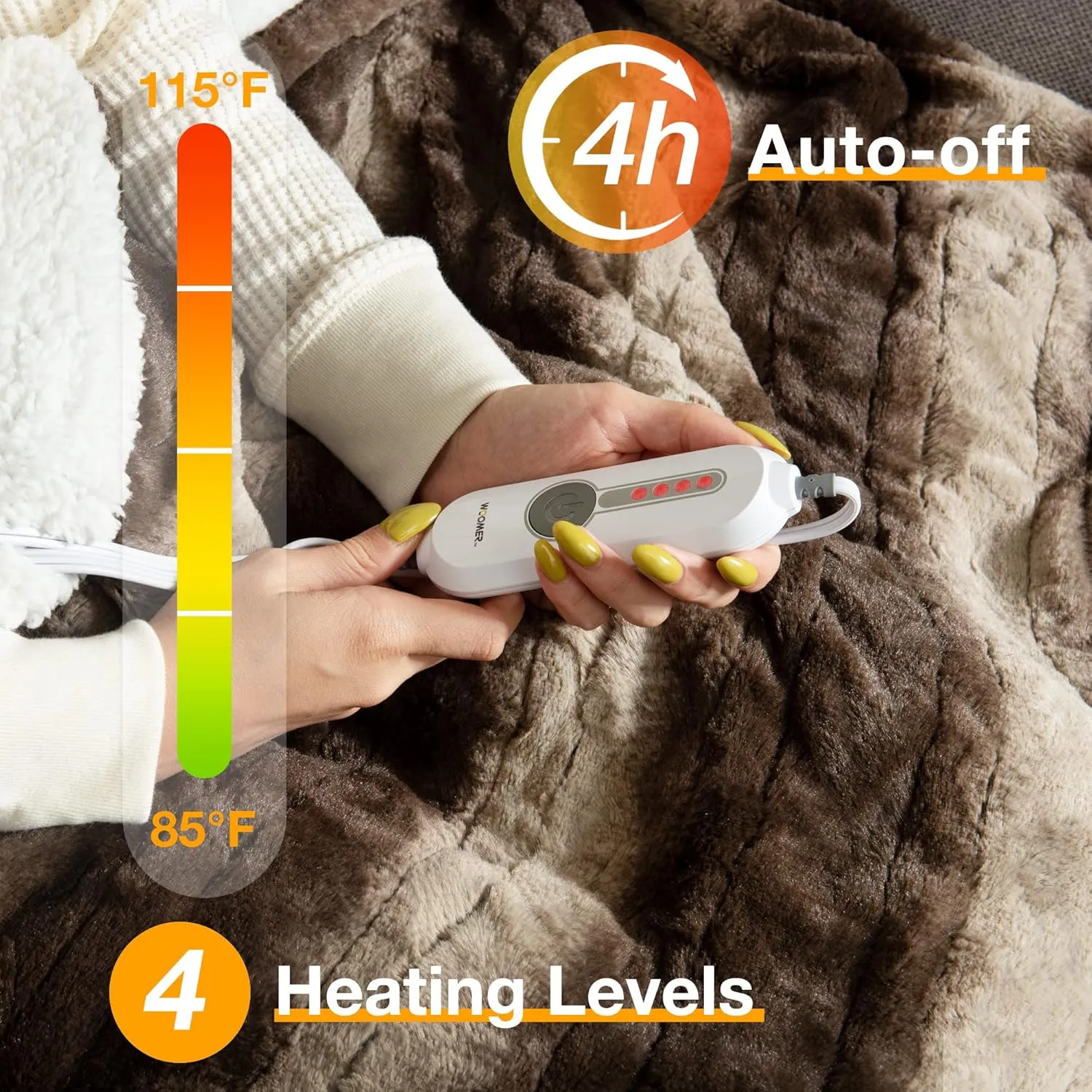 WOOMER Electric Heated Throw Blanket, Soft Faux Fur& Sherpa Fast Heating Blanket, 4 Heating Levels & 4 Hours Auto Off (50"x 60"), Machine Washable, Over-Heat Protection