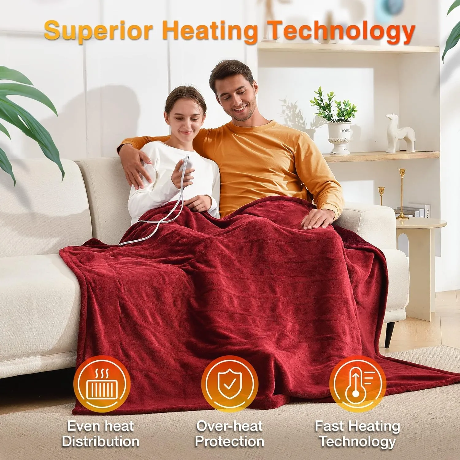 WOOMER Electric Throw Heated Throw Blanket(50"x 60"), Soft Flannel Fast Heating Blanket, 4 Heating Levels & 4H Auto Off, Machine Washable, Over-Heat Protection