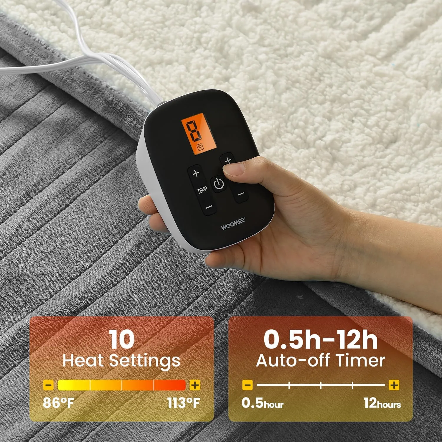WOOMER Heated Blanket, Full Size 77"x 84" Soft Flannel Fast Heating Blanket with Multi-Color Option, 10 Heating Levels & 0.5-12H Auto Off, Over-Heat Protection