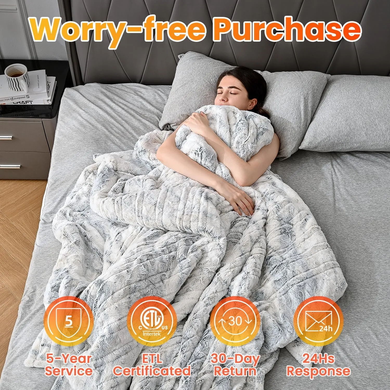WOOMER Heated Blanket Full Size Electric Blanket 77"x 84", Soft Faux Fur Fast Heating Blanket, 10 Heating Levels & 0.5-12H Auto Off, Over-Heat Protection, ETL Certification