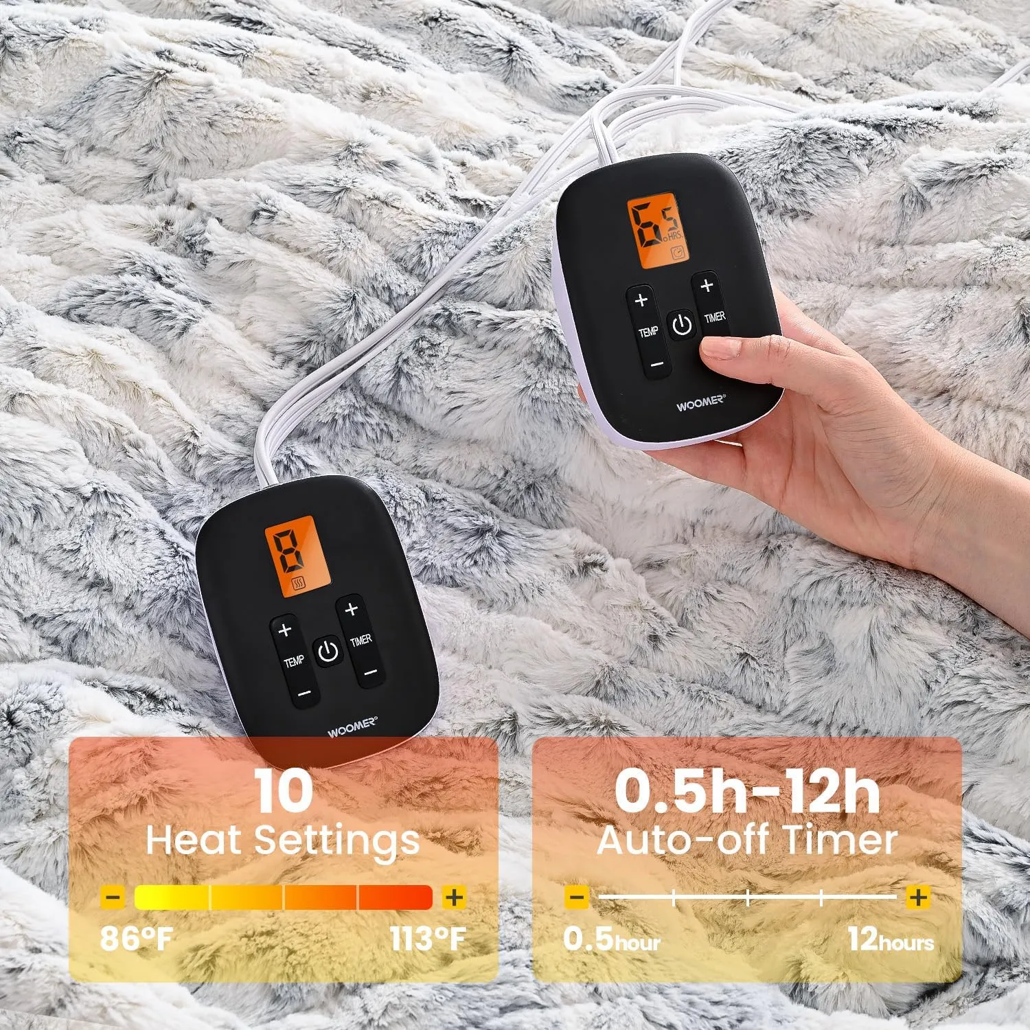 WOOMER Heated Blanket King Size Electric Blanket 90"x 100", Faux Fur Fast Heating, 10 Heating Levels & 0.5-12H Auto Off, Dual Control, Over-Heat Protection, ETL Certification