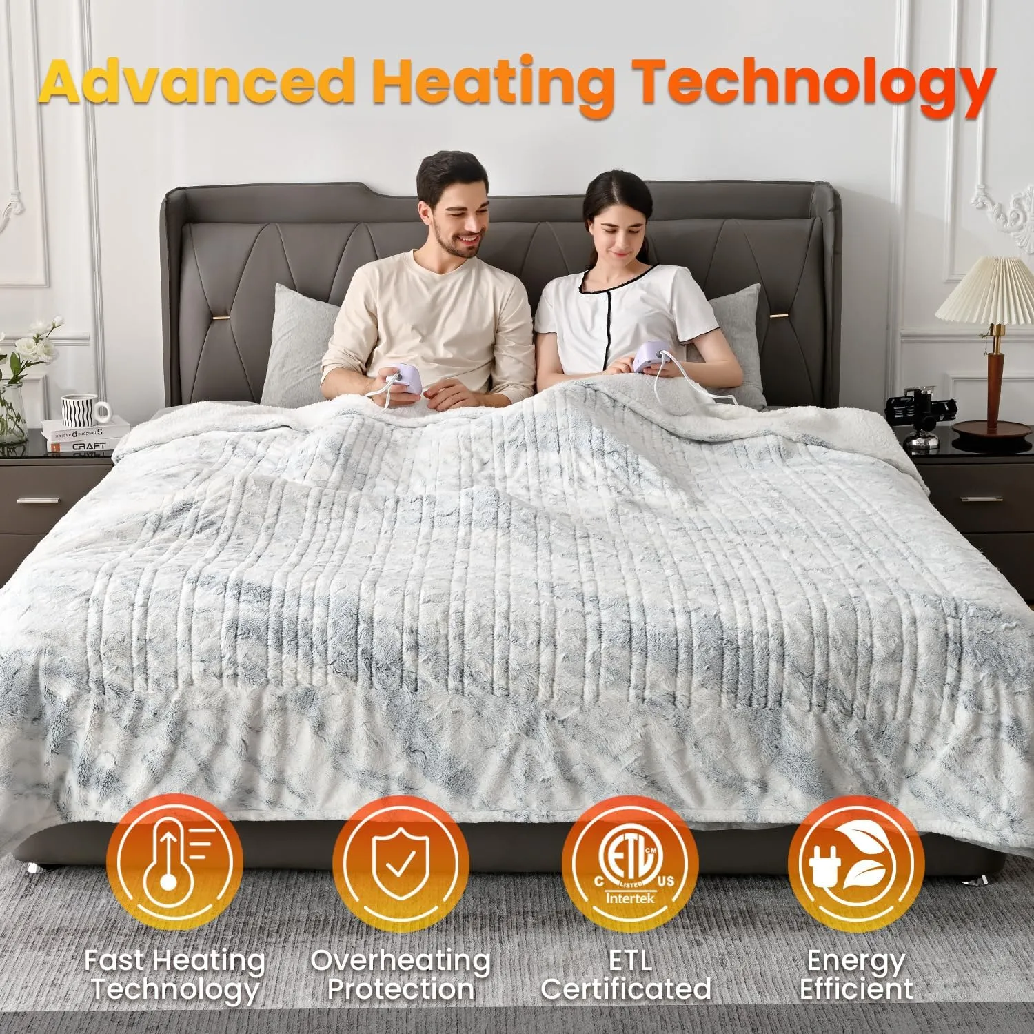 WOOMER Heated Blanket King Size Electric Blanket 90"x 100", Faux Fur Fast Heating, 10 Heating Levels & 0.5-12H Auto Off, Dual Control, Over-Heat Protection, ETL Certification