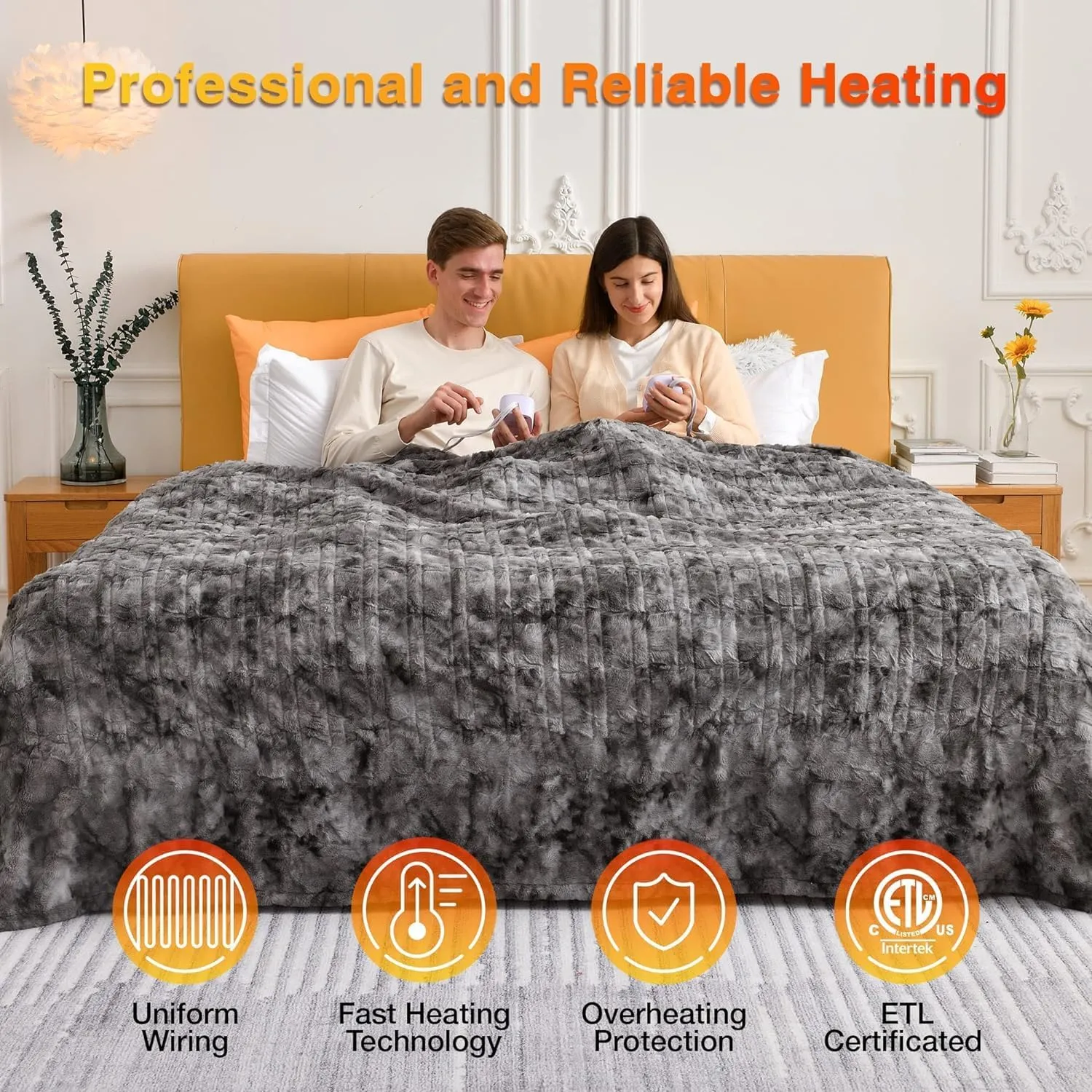 WOOMER Heated Blanket King Size Electric Blanket 90"x 100", Faux Fur Fast Heating, 10 Heating Levels & 0.5-12H Auto Off, Dual Control, Over-Heat Protection, ETL Certification