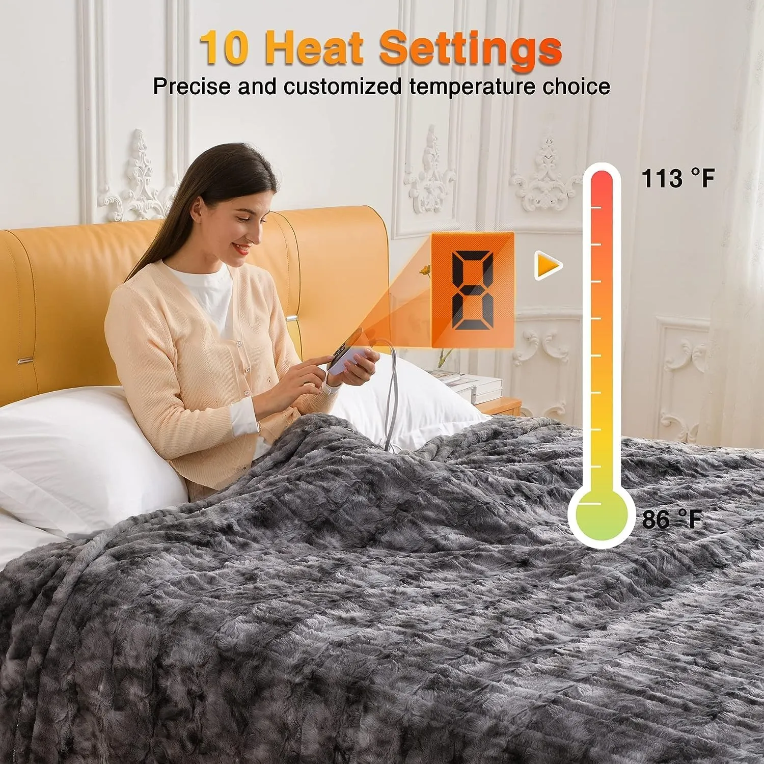 WOOMER Heated Blanket King Size Electric Blanket 90"x 100", Faux Fur Fast Heating, 10 Heating Levels & 0.5-12H Auto Off, Dual Control, Over-Heat Protection, ETL Certification