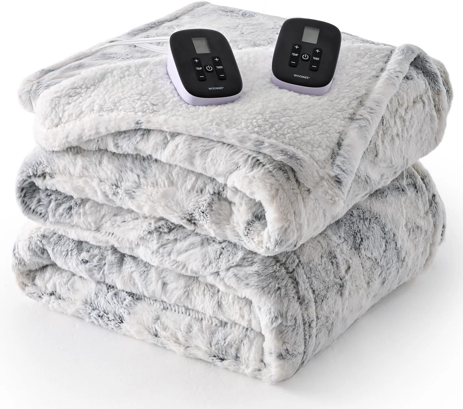 WOOMER Heated Blanket King Size Electric Blanket 90"x 100", Faux Fur Fast Heating, 10 Heating Levels & 0.5-12H Auto Off, Dual Control, Over-Heat Protection, ETL Certification