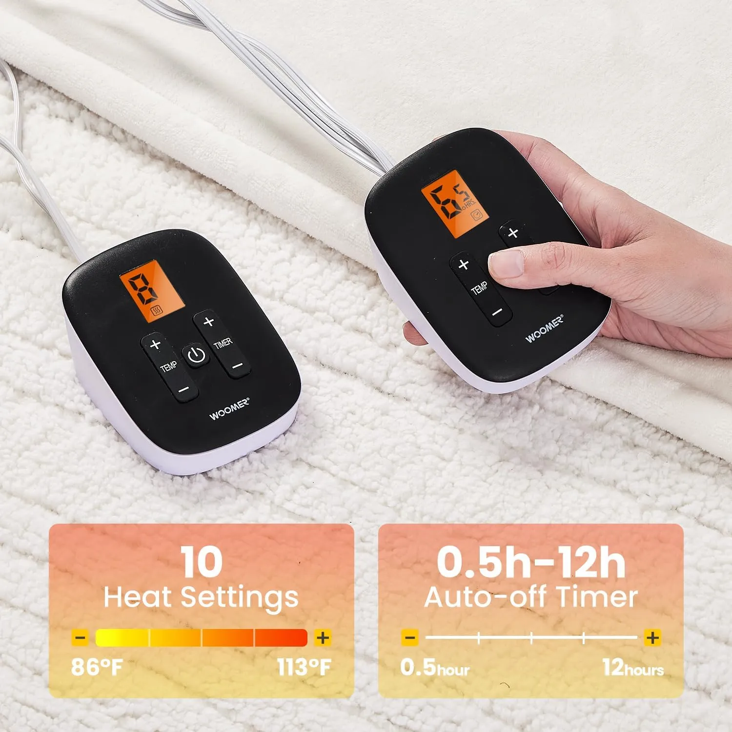 WOOMER Heated Blanket King Size,Durable Flannel and Soft Sherpa,Dual Control,84” × 90” Electric Blanket, 10 Heat Levels&0.5-12h auto-Off, Overheat Protection,Energy Efficient