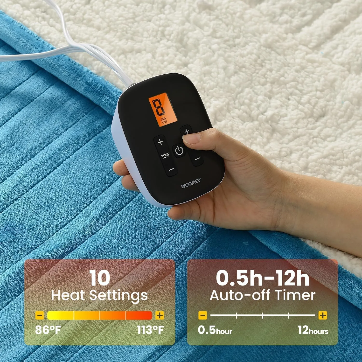 WOOMER Heated Blanket, Twin Size 62"x 84" Soft Flannel Fast Heating Blanket with Multi-Color Option, 10 Heating Levels & 0.5-12H Auto Off, Over-Heat Protection