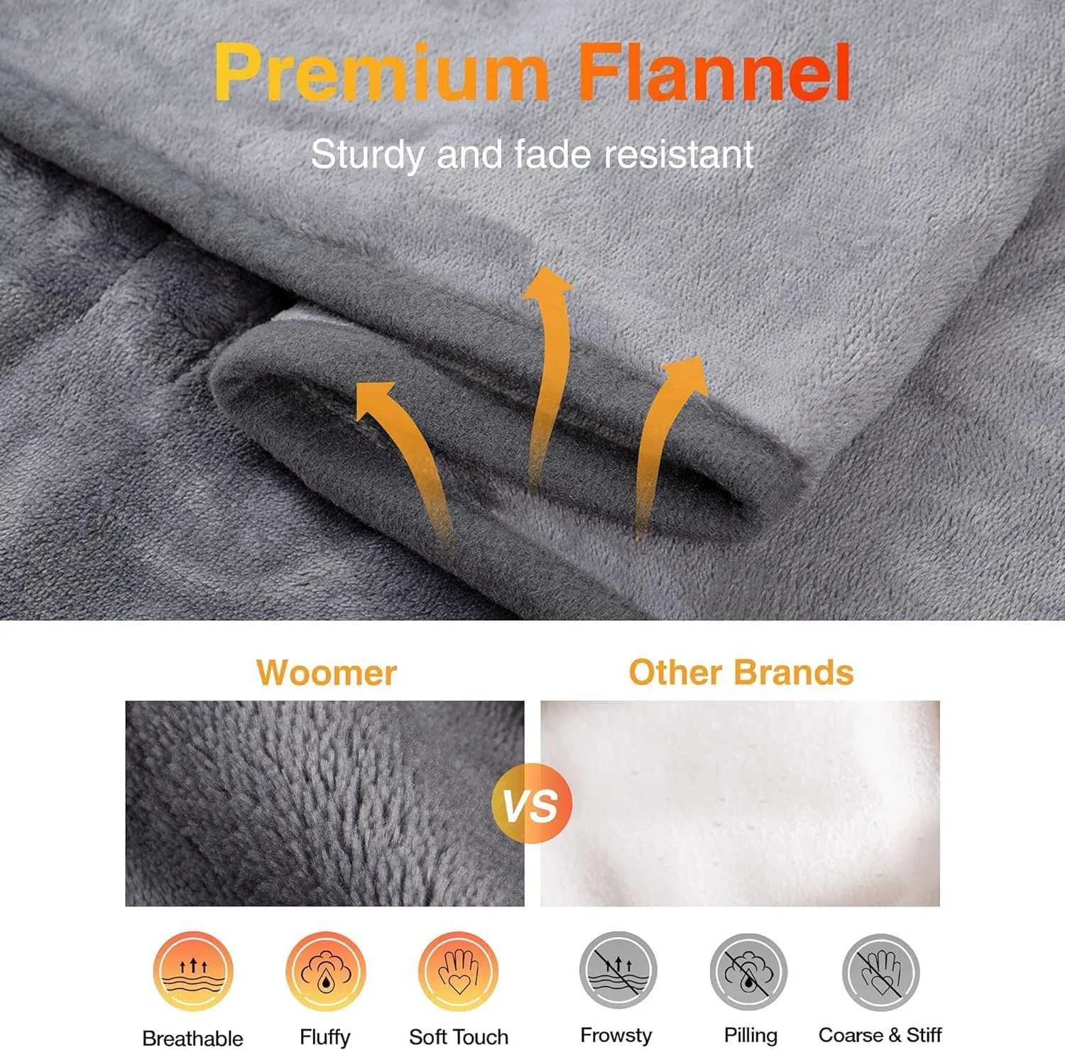 WOOMER Heated Throw Blanket Twin Size, Soft Flannel Fast Heating Blanket with Multi-Color Option, 62"x 84", 10 Heating Levels & 0.5-12H Auto Off, Over-Heat Protection