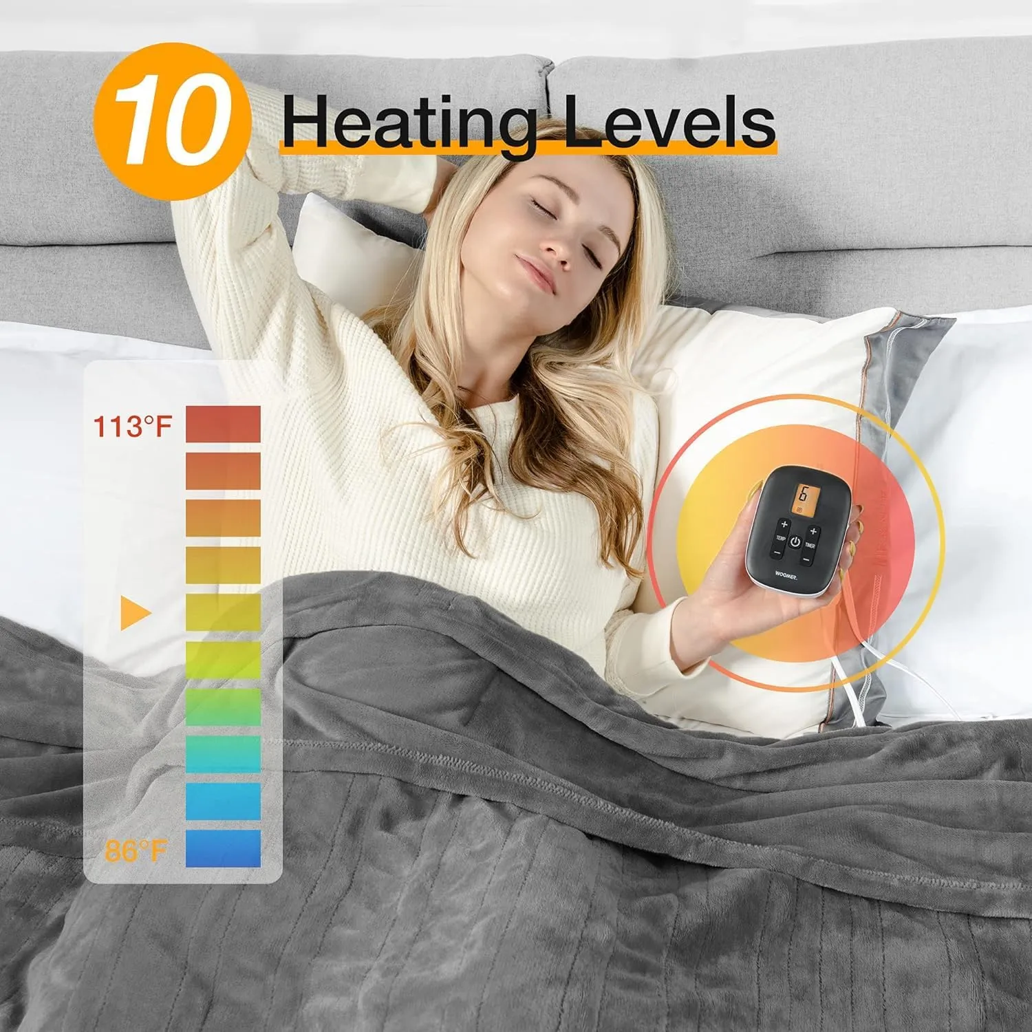 WOOMER Heated Throw Blanket Twin Size, Soft Flannel Fast Heating Blanket with Multi-Color Option, 62"x 84", 10 Heating Levels & 0.5-12H Auto Off, Over-Heat Protection