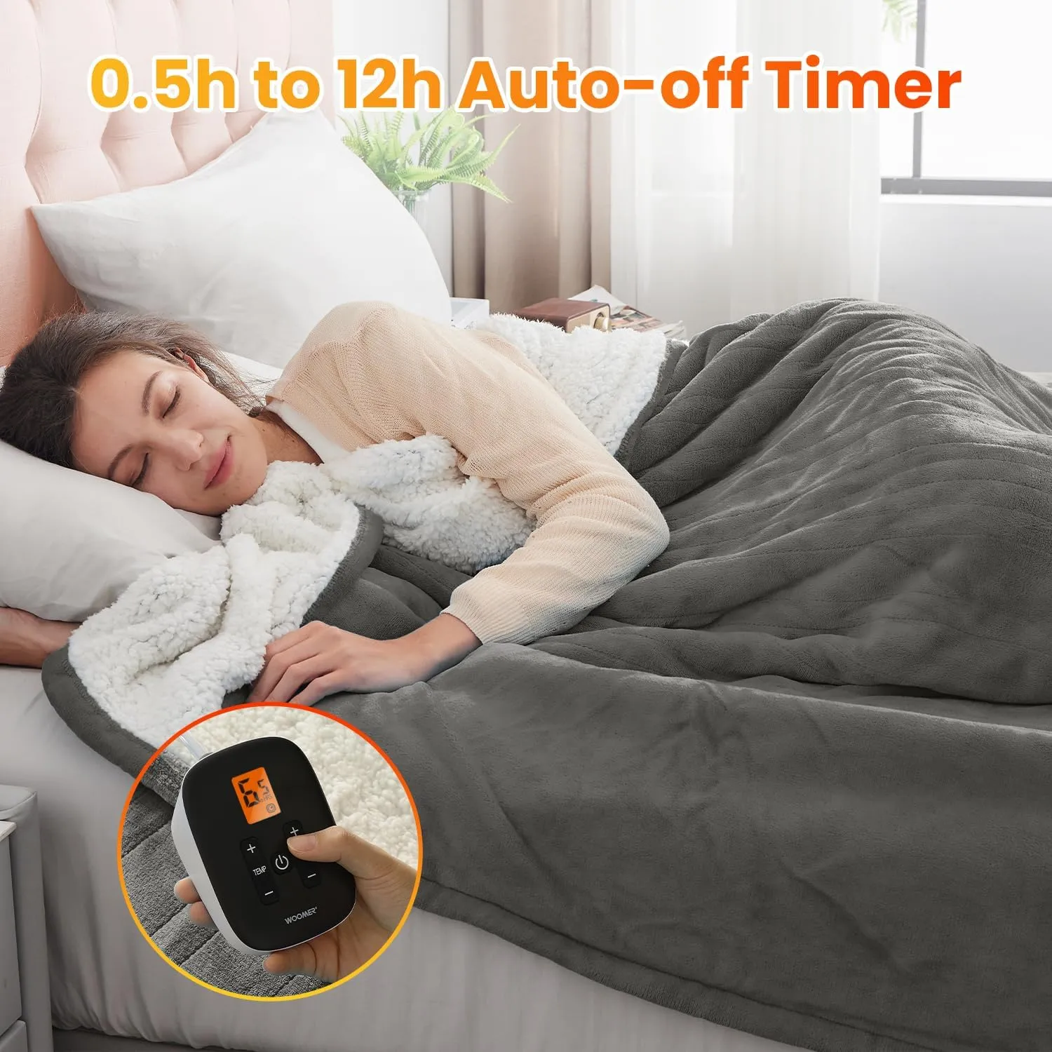 WOOMER Heated Throw Blanket Twin Size, Soft Flannel Fast Heating Blanket with Multi-Color Option, 62"x 84", 10 Heating Levels & 0.5-12H Auto Off, Over-Heat Protection