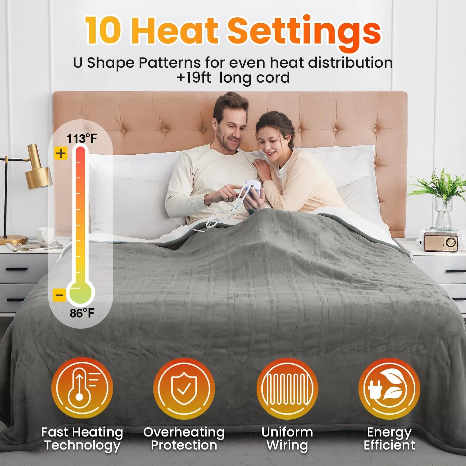 WOOMER Heated Throw Blanket Twin Size, Soft Flannel Fast Heating Blanket with Multi-Color Option, 62"x 84", 10 Heating Levels & 0.5-12H Auto Off, Over-Heat Protection