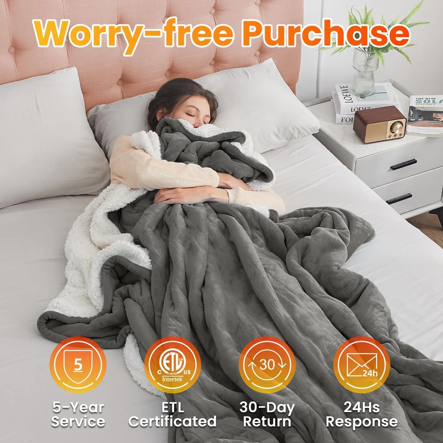WOOMER Heated Throw Blanket Twin Size, Soft Flannel Fast Heating Blanket with Multi-Color Option, 62"x 84", 10 Heating Levels & 0.5-12H Auto Off, Over-Heat Protection