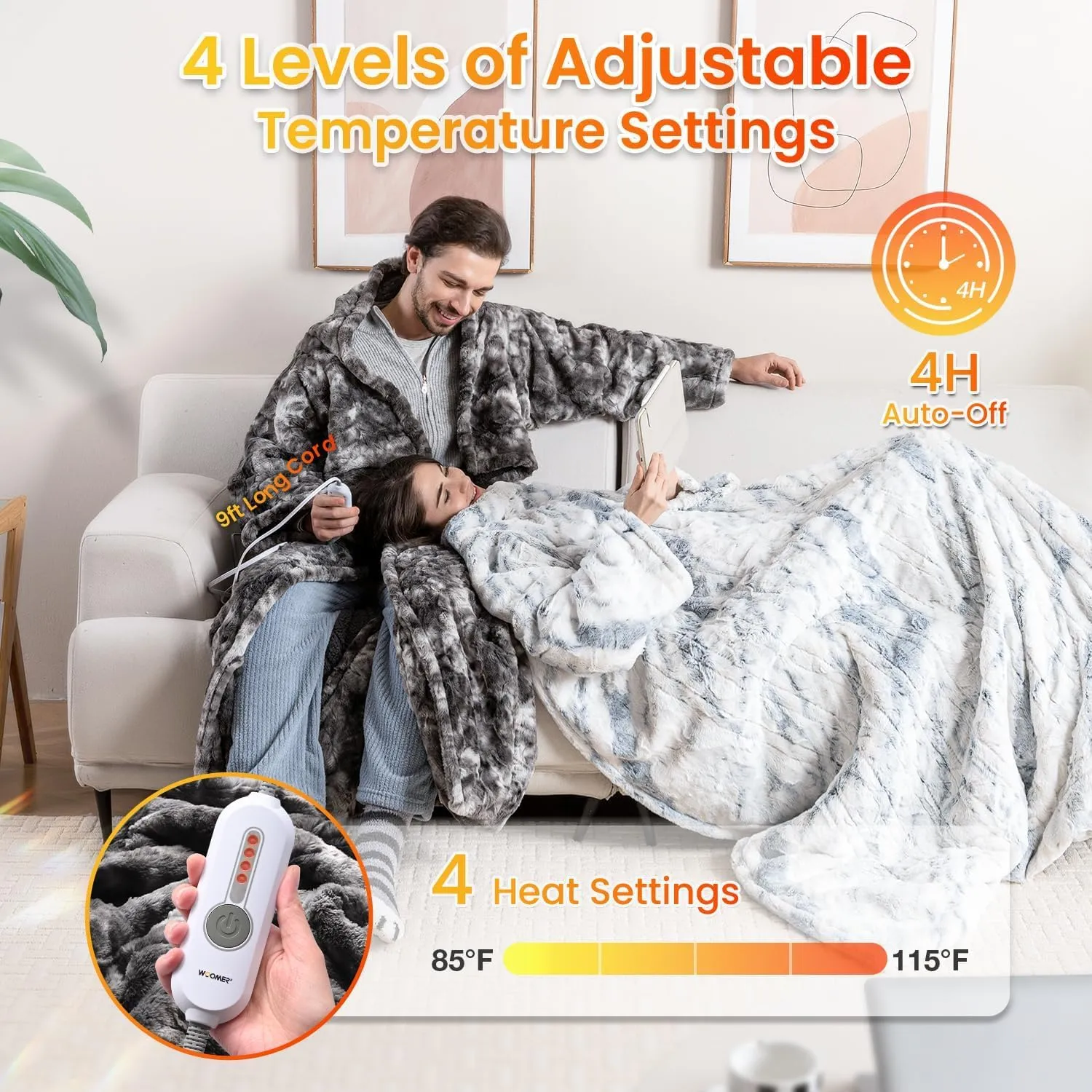 WOOMER Wearable Heated Blanket 50”×70“, Soft Faux Fur & Cozy Sherpa Heated Snuggle with Foot Pockets and Sleeves, 4 Heating Levels & 4H Auto Off, ETL Certified, Machine Washable