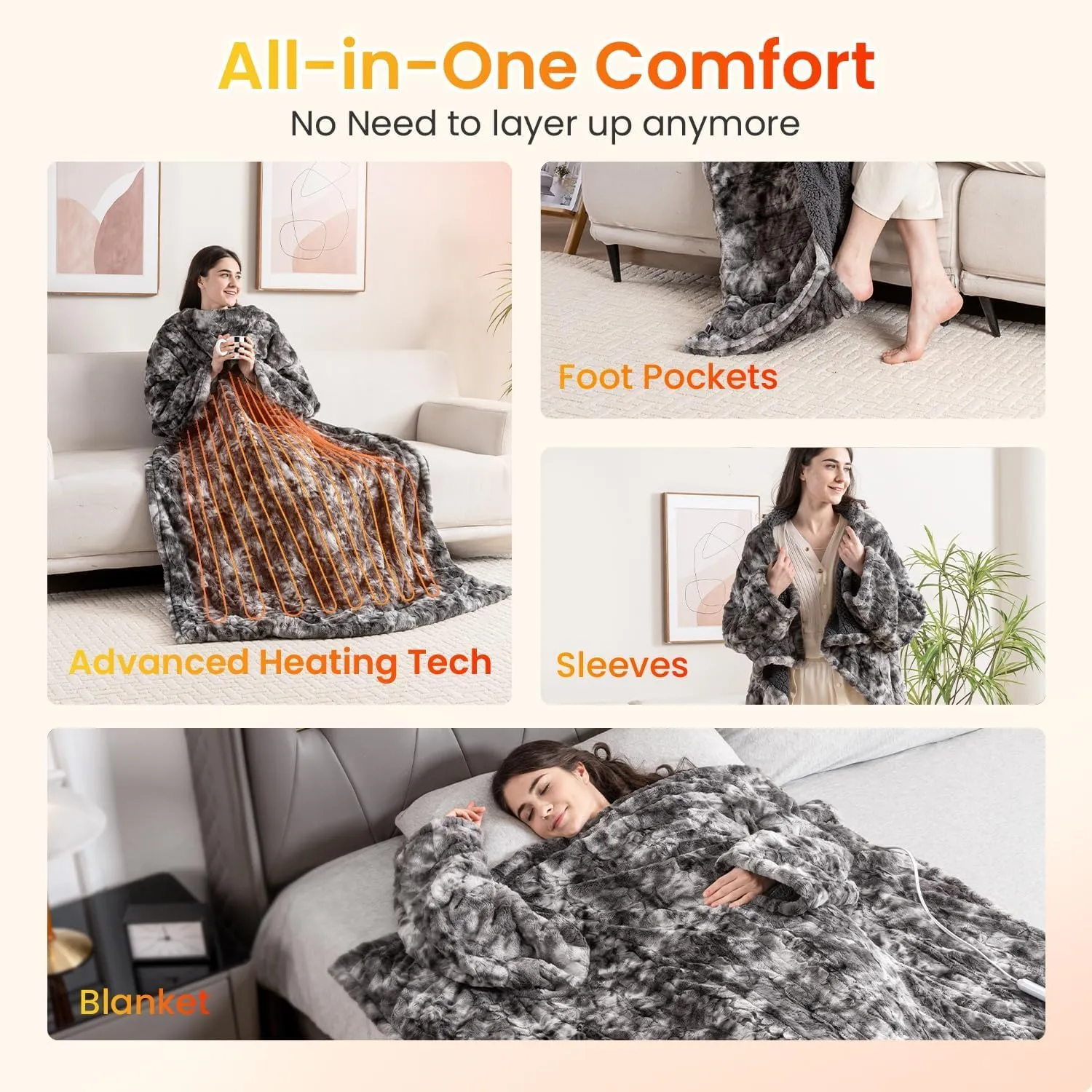 WOOMER Wearable Heated Blanket 50”×70“, Soft Faux Fur & Cozy Sherpa Heated Snuggle with Foot Pockets and Sleeves, 4 Heating Levels & 4H Auto Off, ETL Certified, Machine Washable