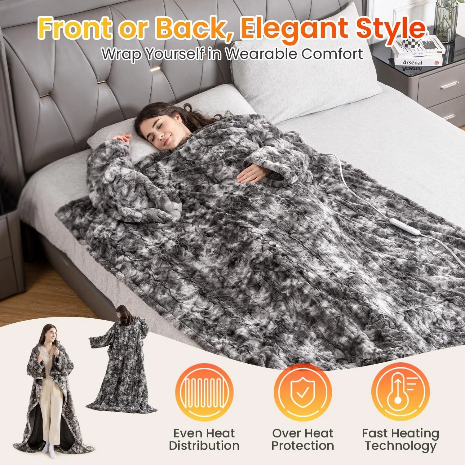 WOOMER Wearable Heated Blanket 50”×70“, Soft Faux Fur & Cozy Sherpa Heated Snuggle with Foot Pockets and Sleeves, 4 Heating Levels & 4H Auto Off, ETL Certified, Machine Washable